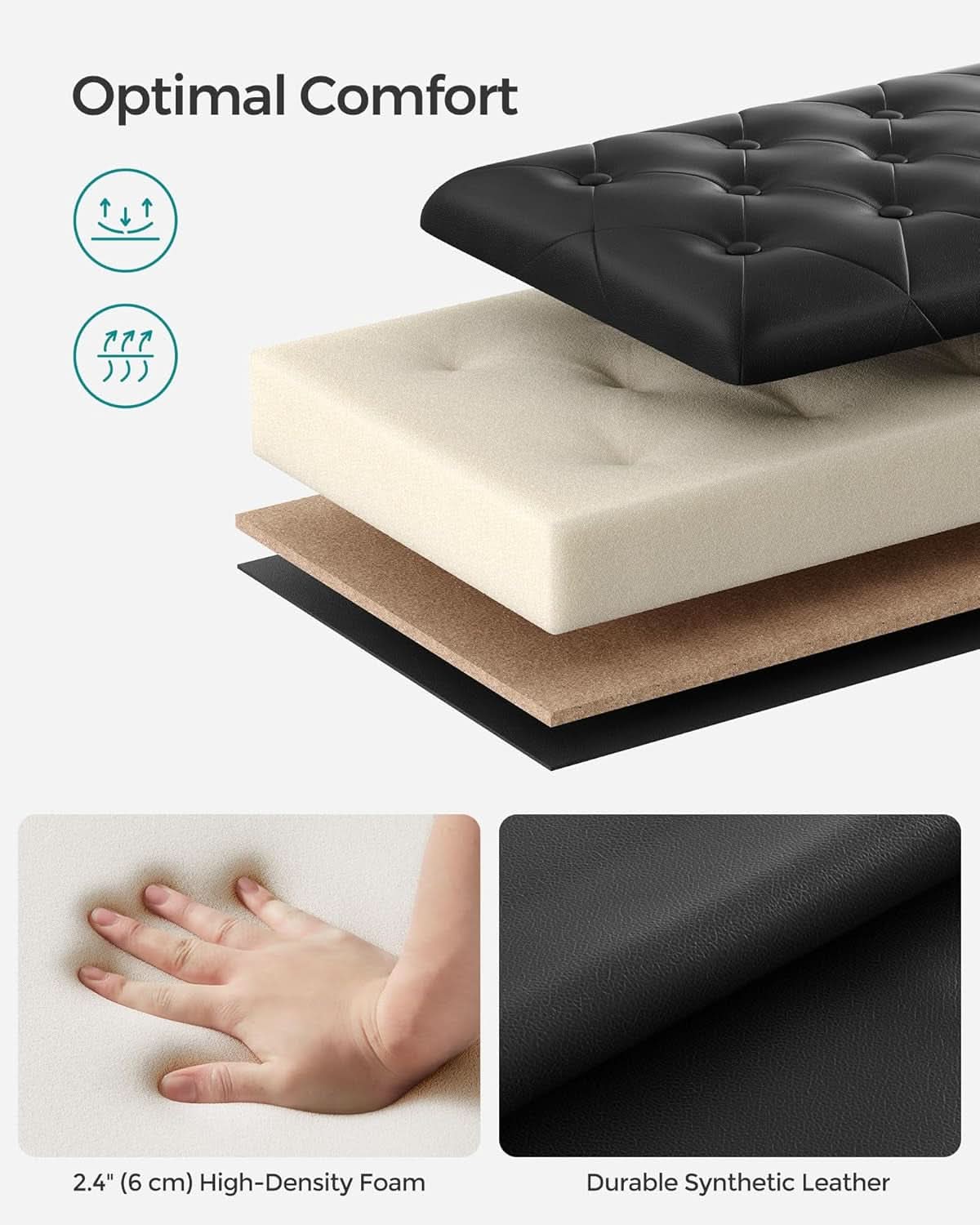 Executive Black Leather Storage Ottoman Bench 46 Inches