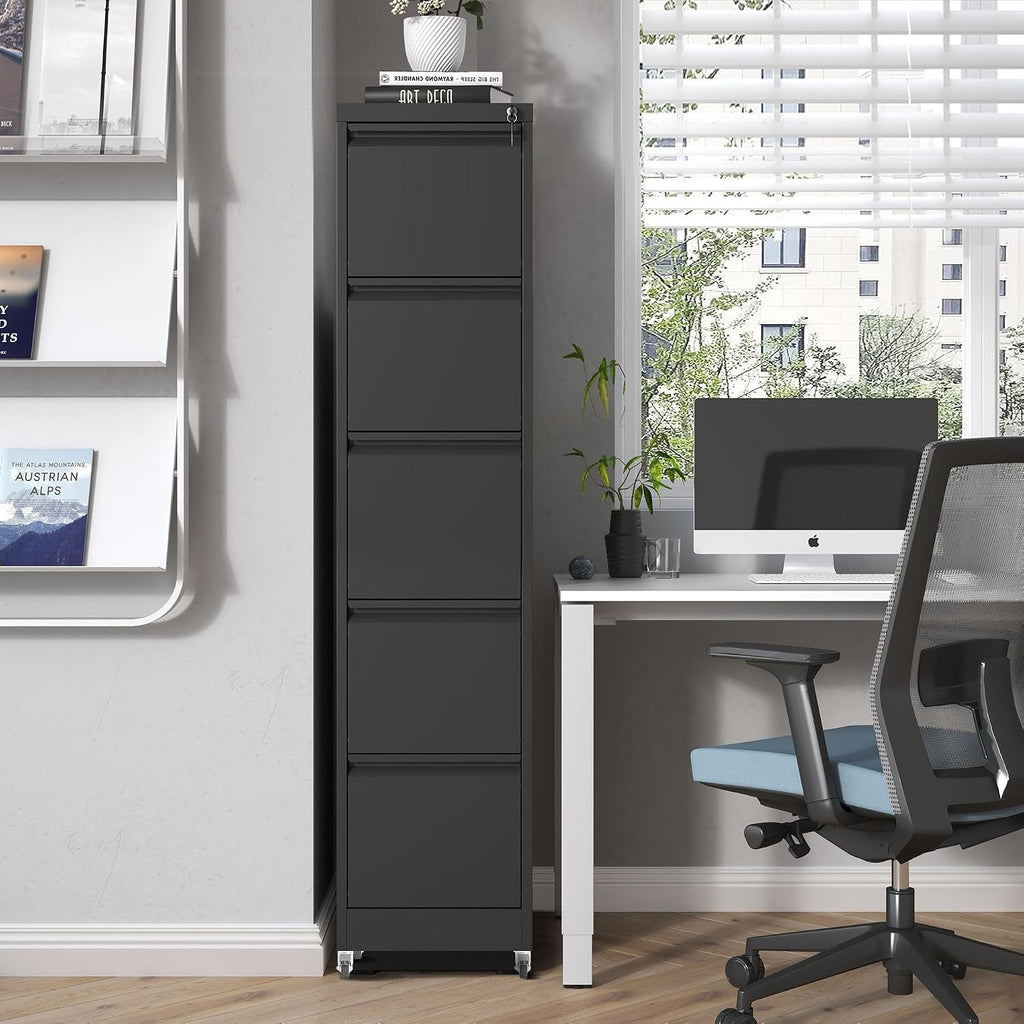 Black 5-Drawer Commercial-Grade Filing Cabinet Lockable