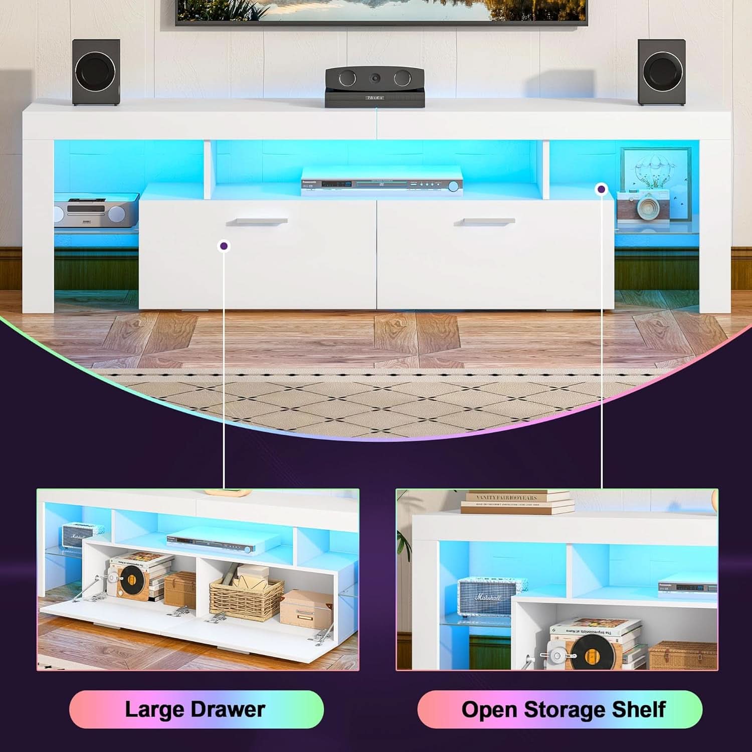 63 Inch White TV Stand With Premium LED Illumination