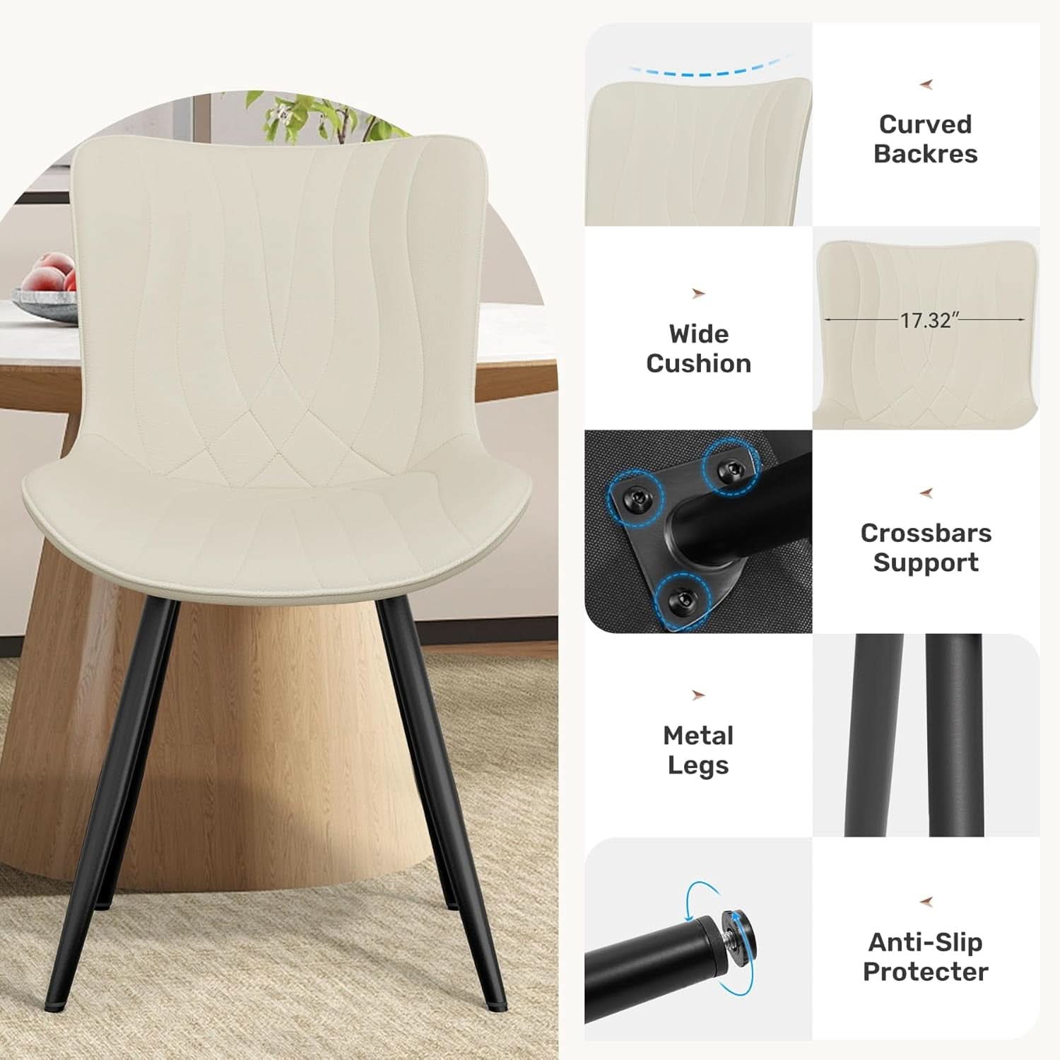 Beige Upholstered PU Leather Space Saving Ergonomic Dining Chair Set