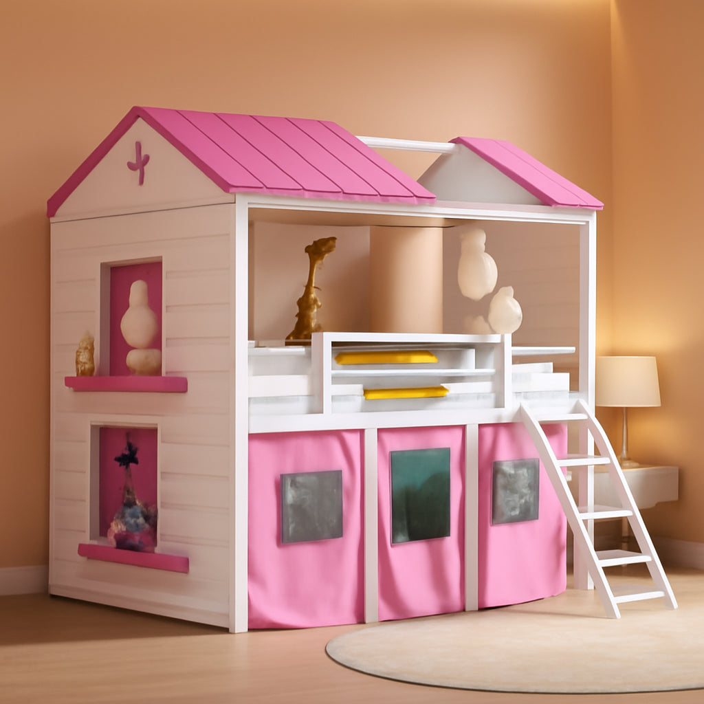 Full Size Furniture Wooden Bunk Bed Pink Playhouse Structure