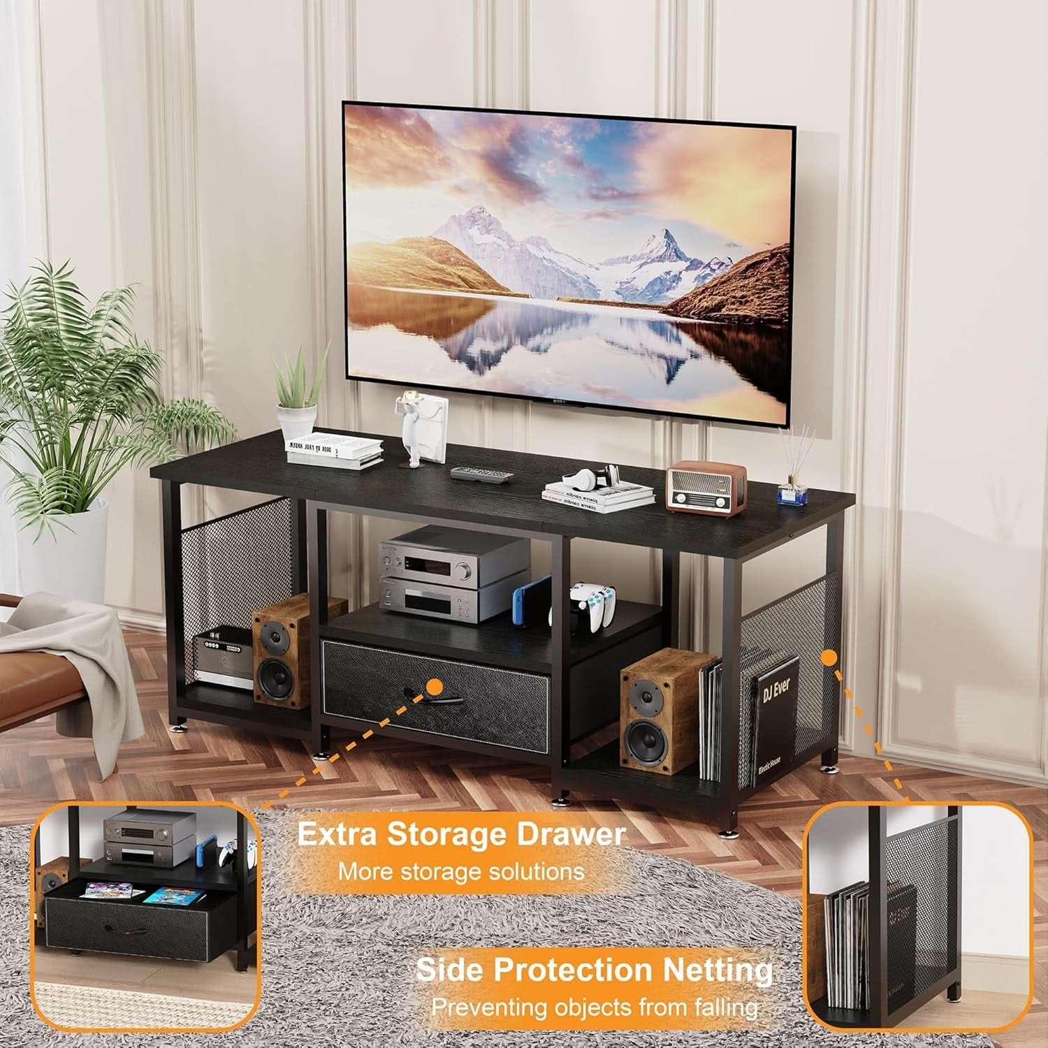 Industrial Black TV Entertainment Center With Drawers
