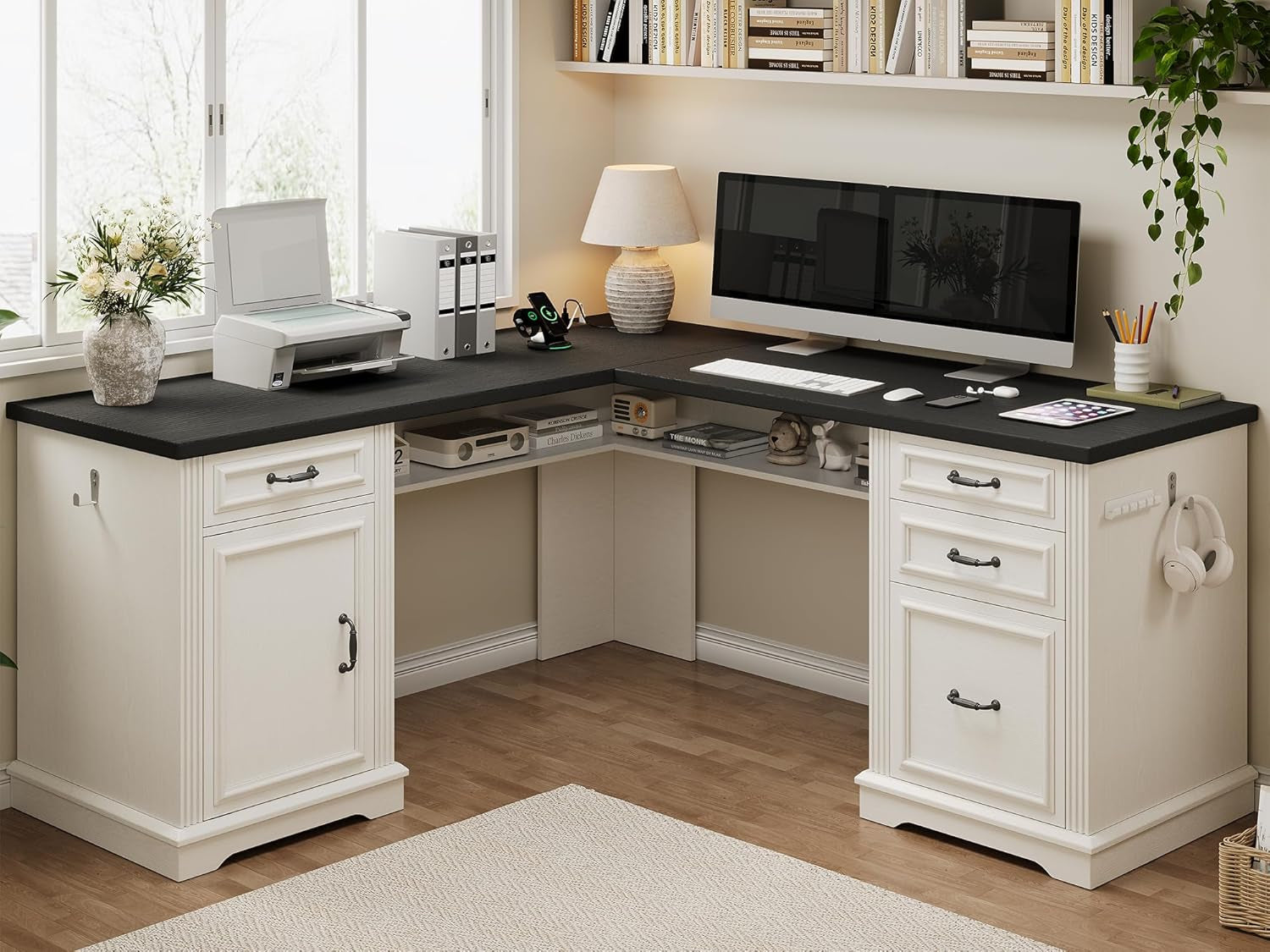 Bead board Two Tone White Black L Shaped Desk 59 Inch Wide