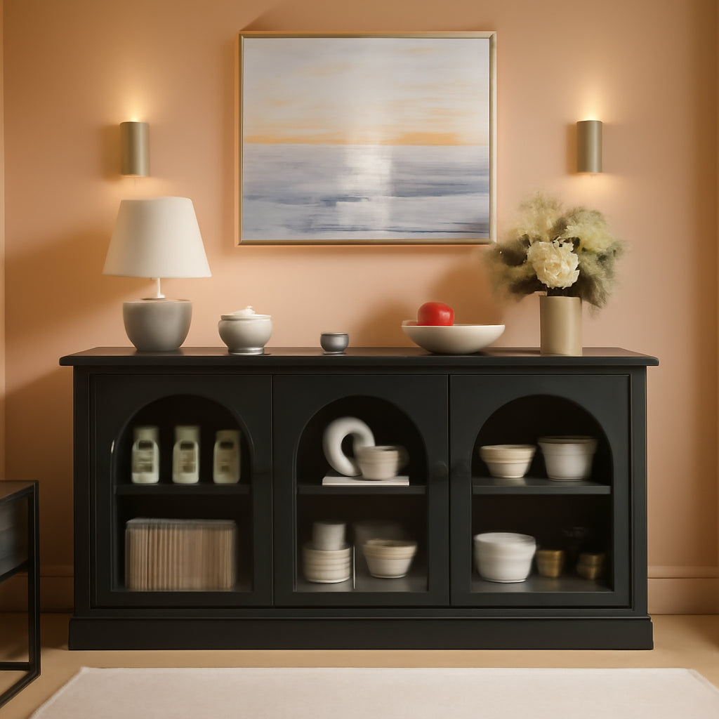 63Inch Black Sideboard Buffet Cabinet Glass Doors Modern