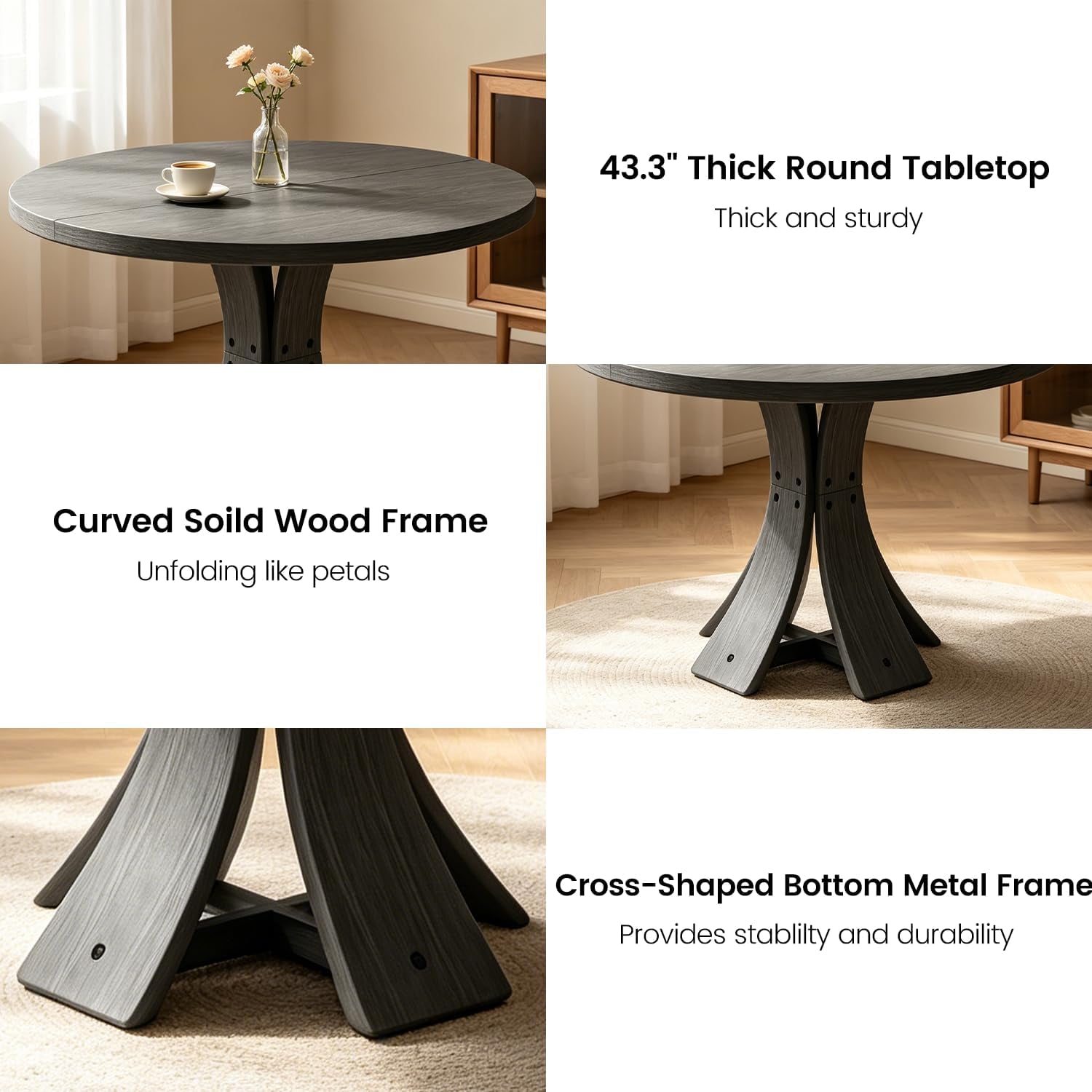 43 Charcoal Circular Dining Table Hardwood Farmhouse