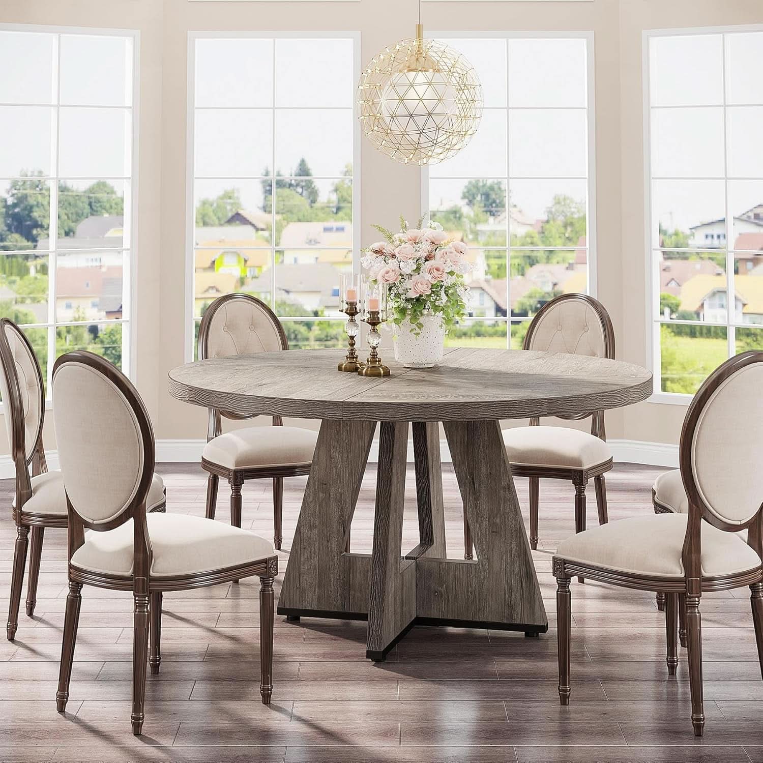 Round Dining Table 47 Inch Wood Farmhouse Grey Kitchen