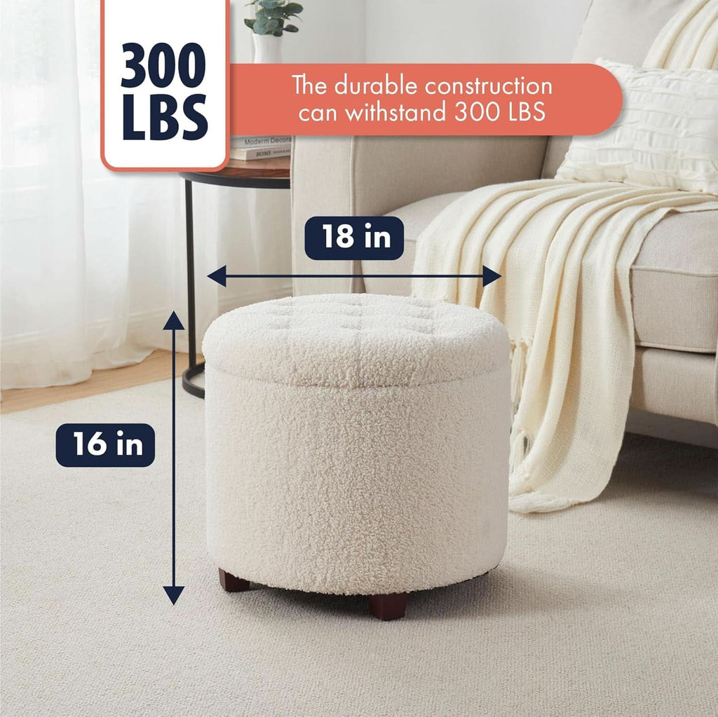 Round Storage Ottoman Boucle White Fabric Upholstery