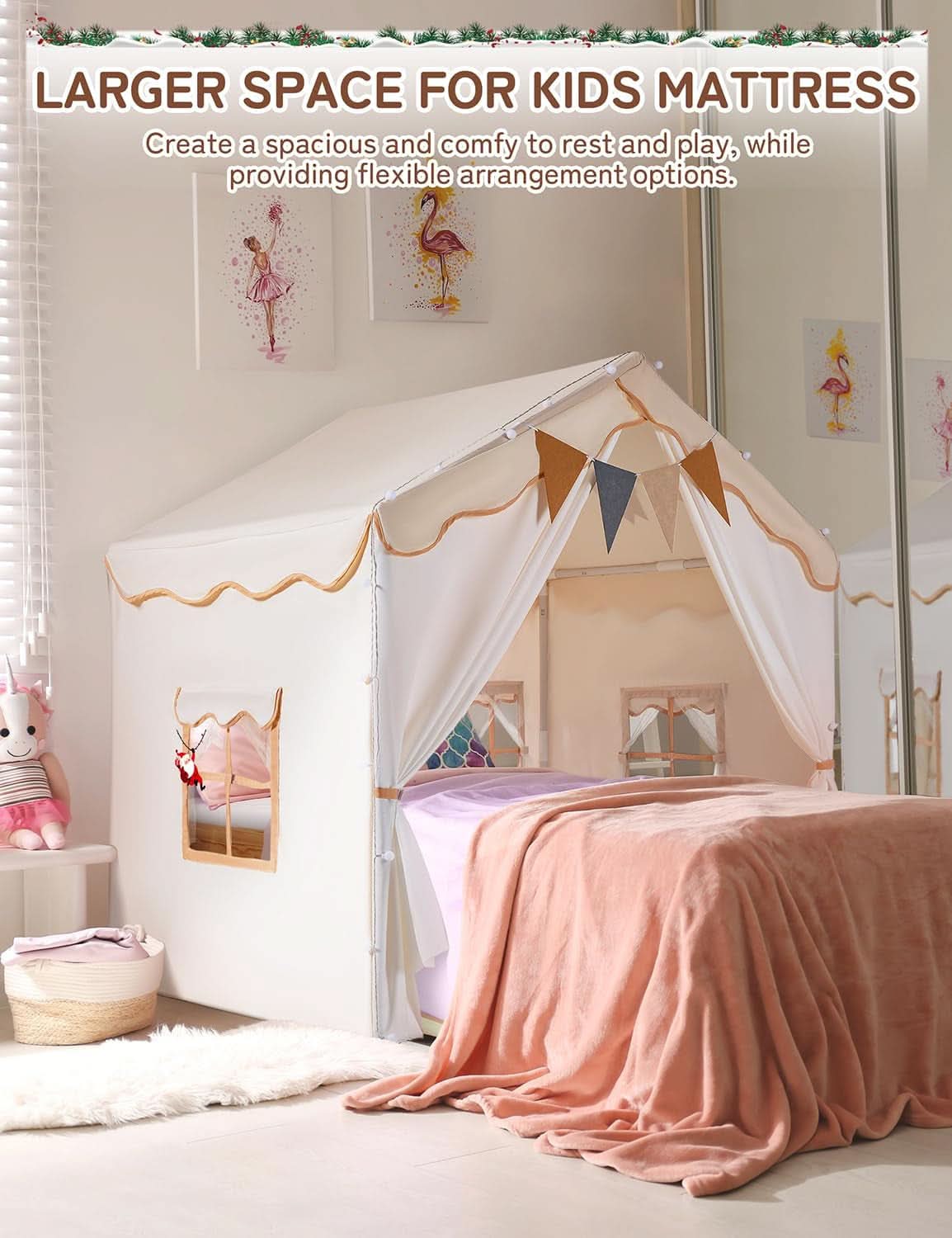 Large Kids Play Tent with Lights and Padded Mat, 51 Inch