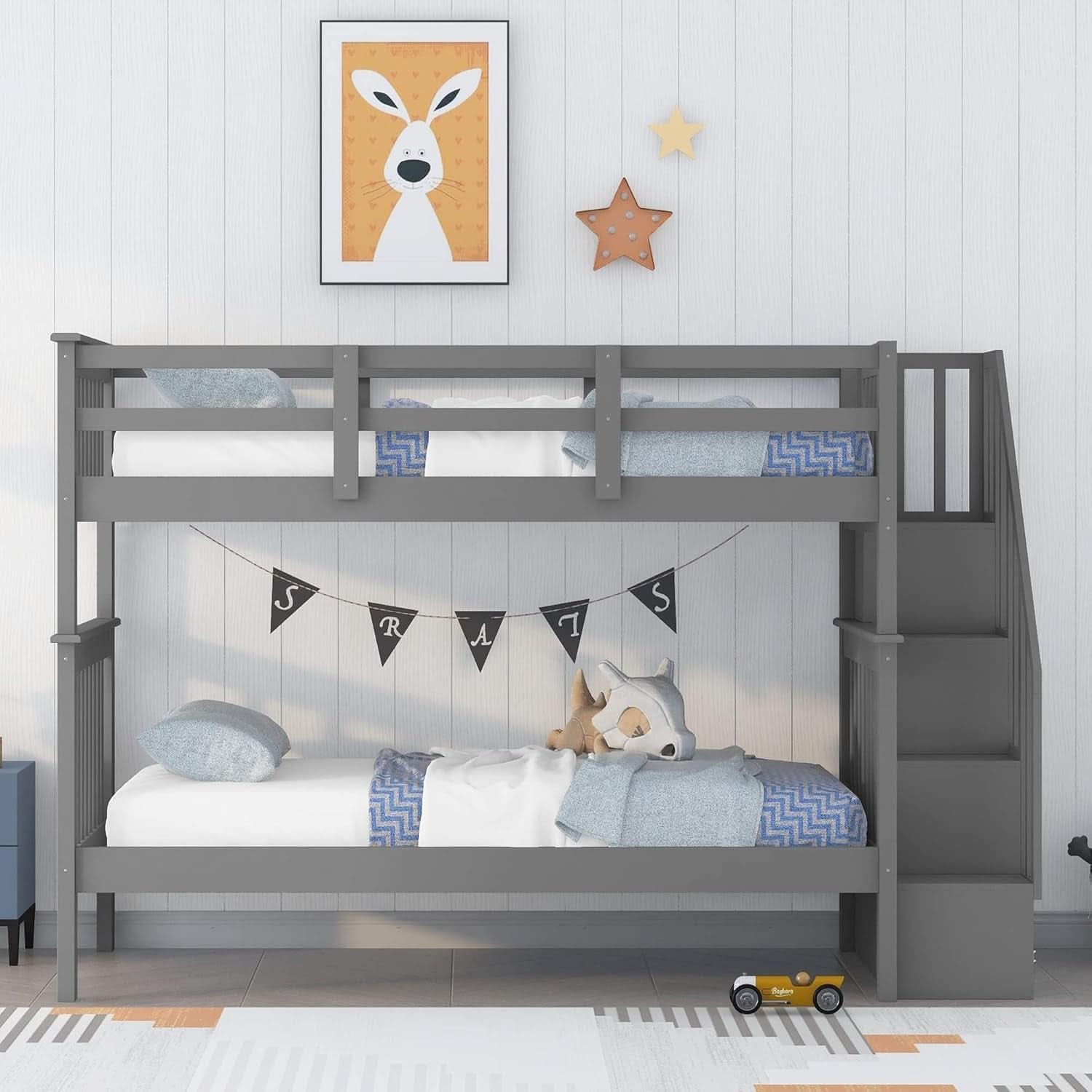 Twin Over Twin Bunk Beds With Stairs Grey For Kids Dorm