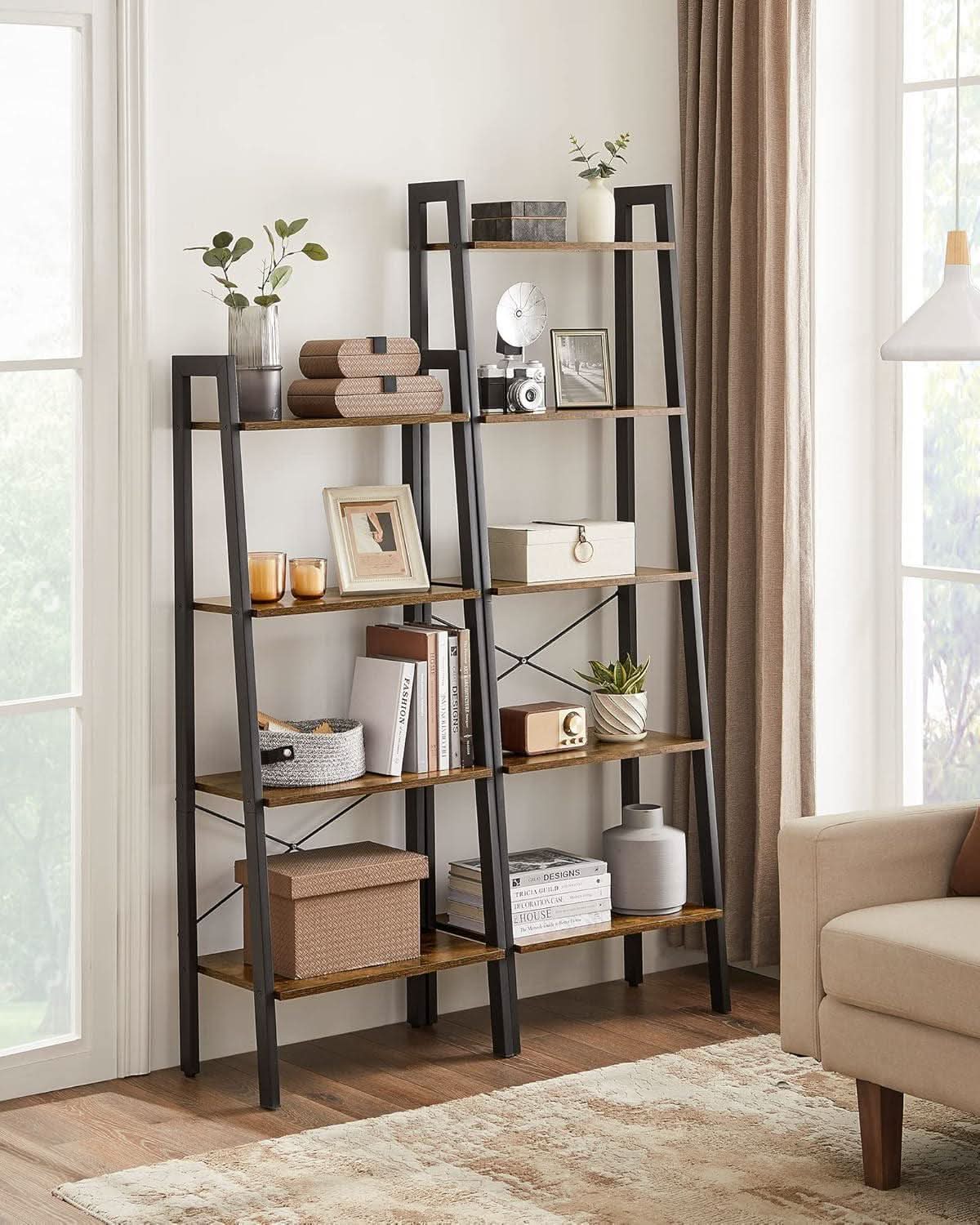 4-Tiered Industrial-Style Ladder Shelf Rustic Brown