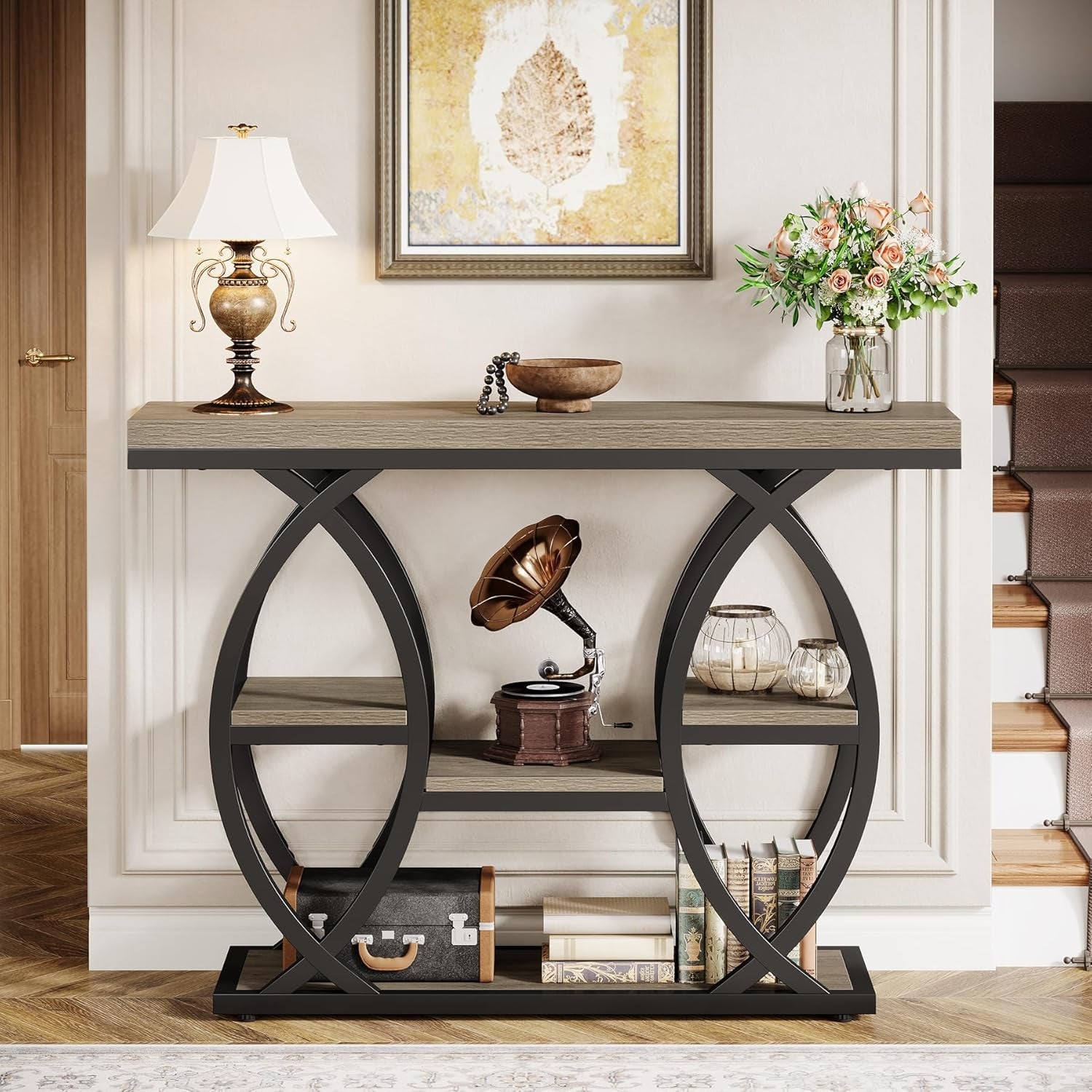 Grey Industrial 39.4in Narrow Console Table Storage