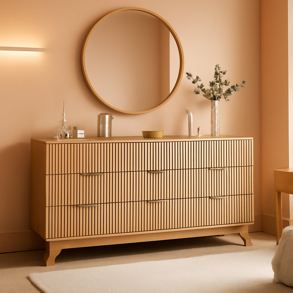Natural Oak Fluted Textured Dresser With Nine Drawers