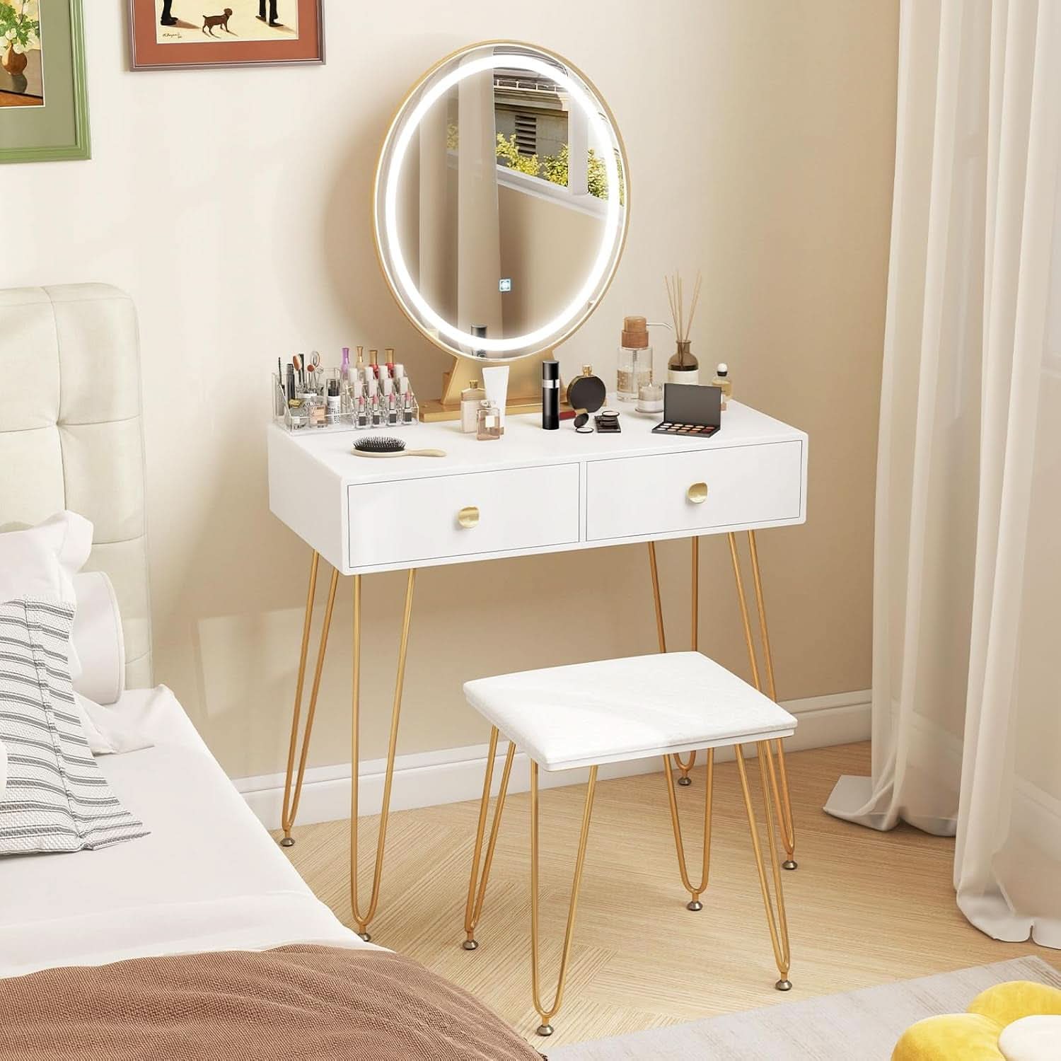 Makeup Vanity Desk White Goldtone Illuminating Mirror
