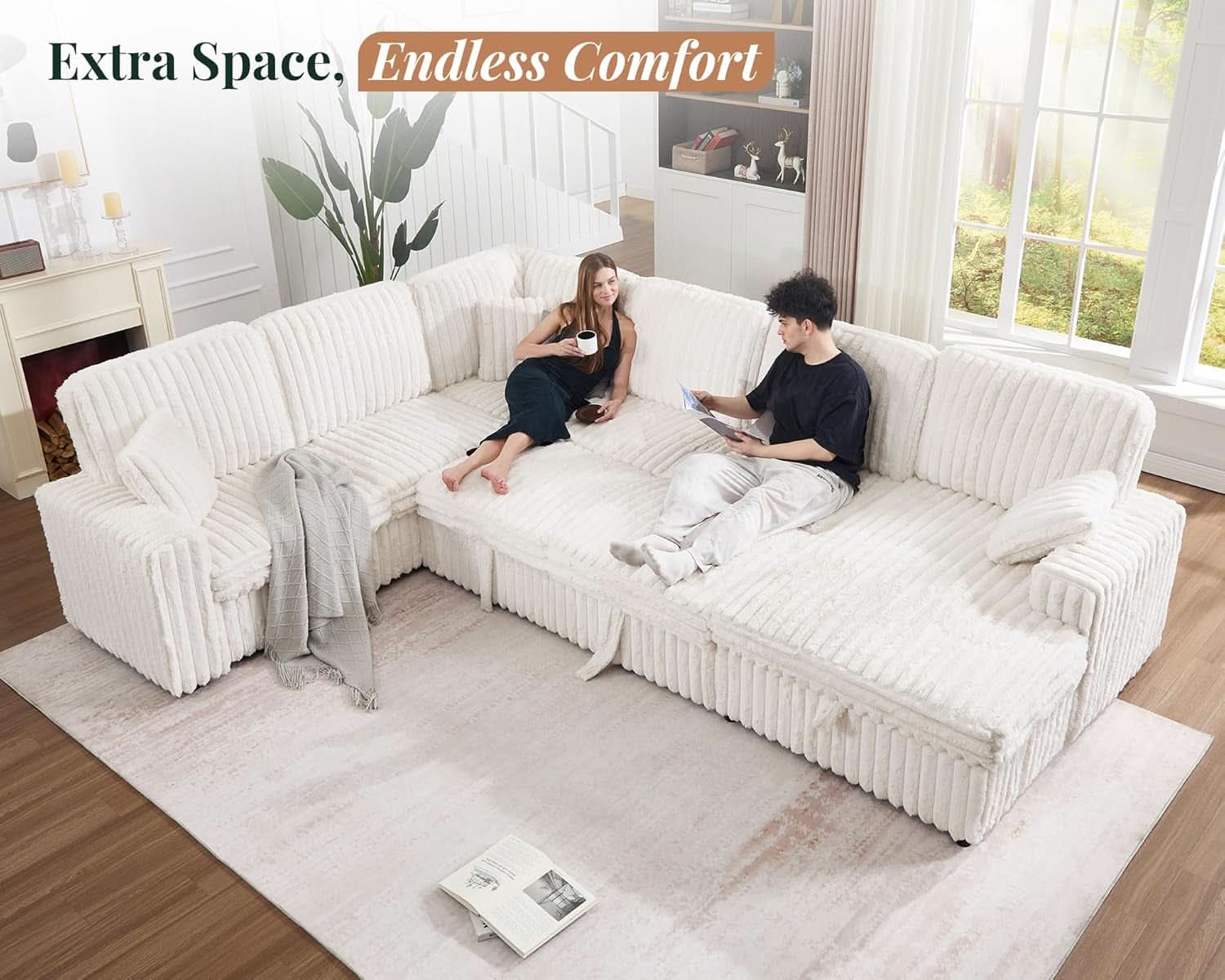 One Hundred Thirty Inch Sleeper Sofa With White Faux Fur