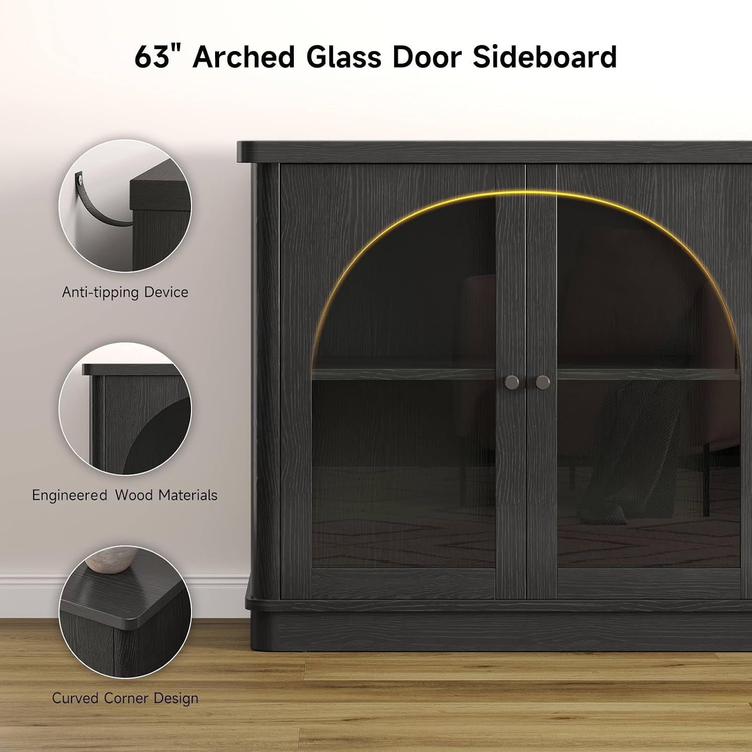 63Inch Black Sideboard Buffet Cabinet Glass Doors Modern