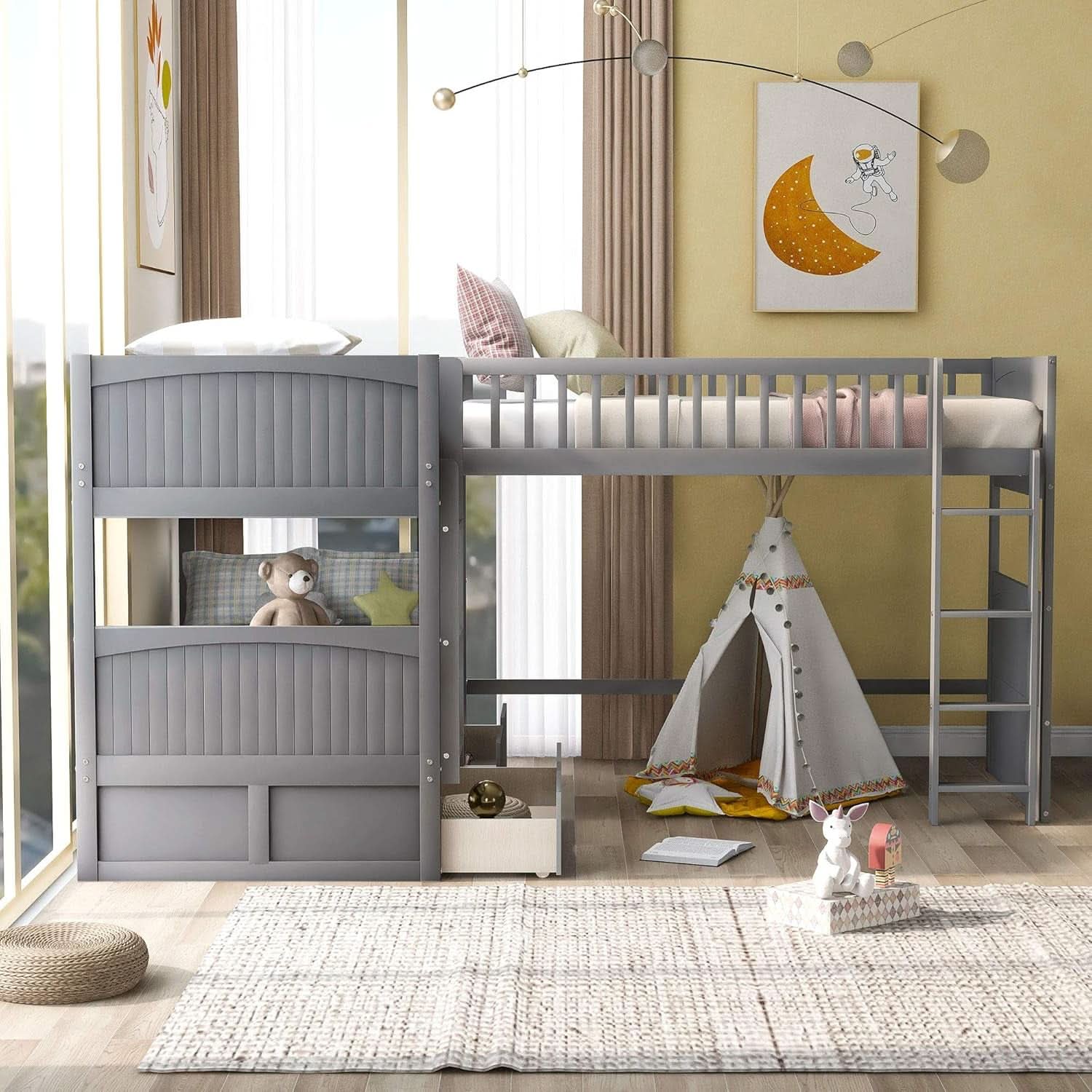 Triple Bunk Bed for Kids L Shaped Solid Wood Gray Twin Size