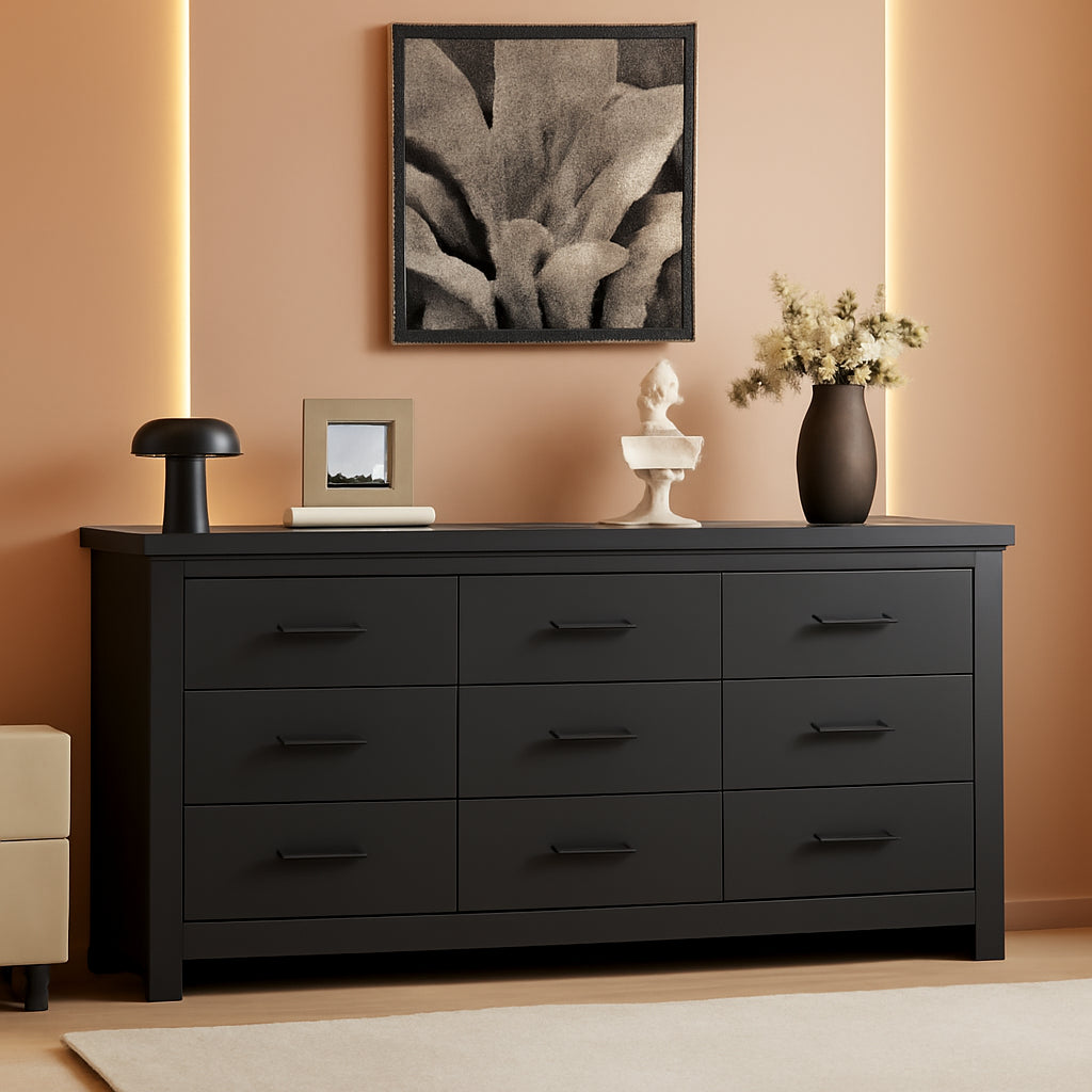 Black Vintage Ornate Solid Wood Dresser With Nine Drawers