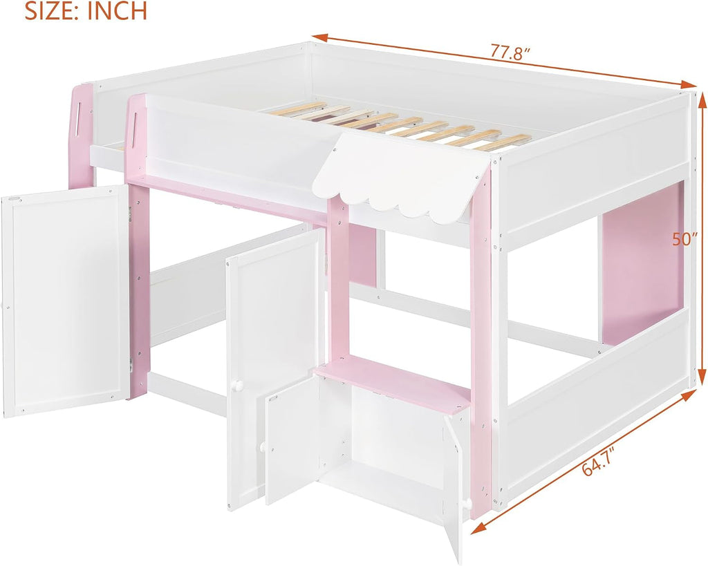 Full Size Loft Bed With Playhouse Cabinets