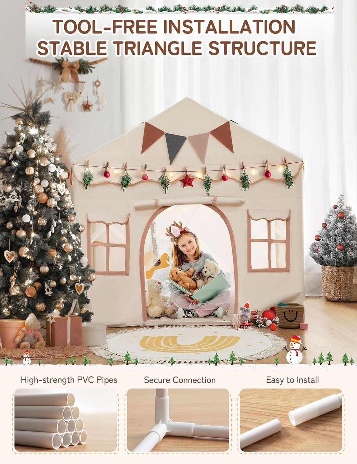 Large Kids Play Tent with Lights and Padded Mat, 51 Inch