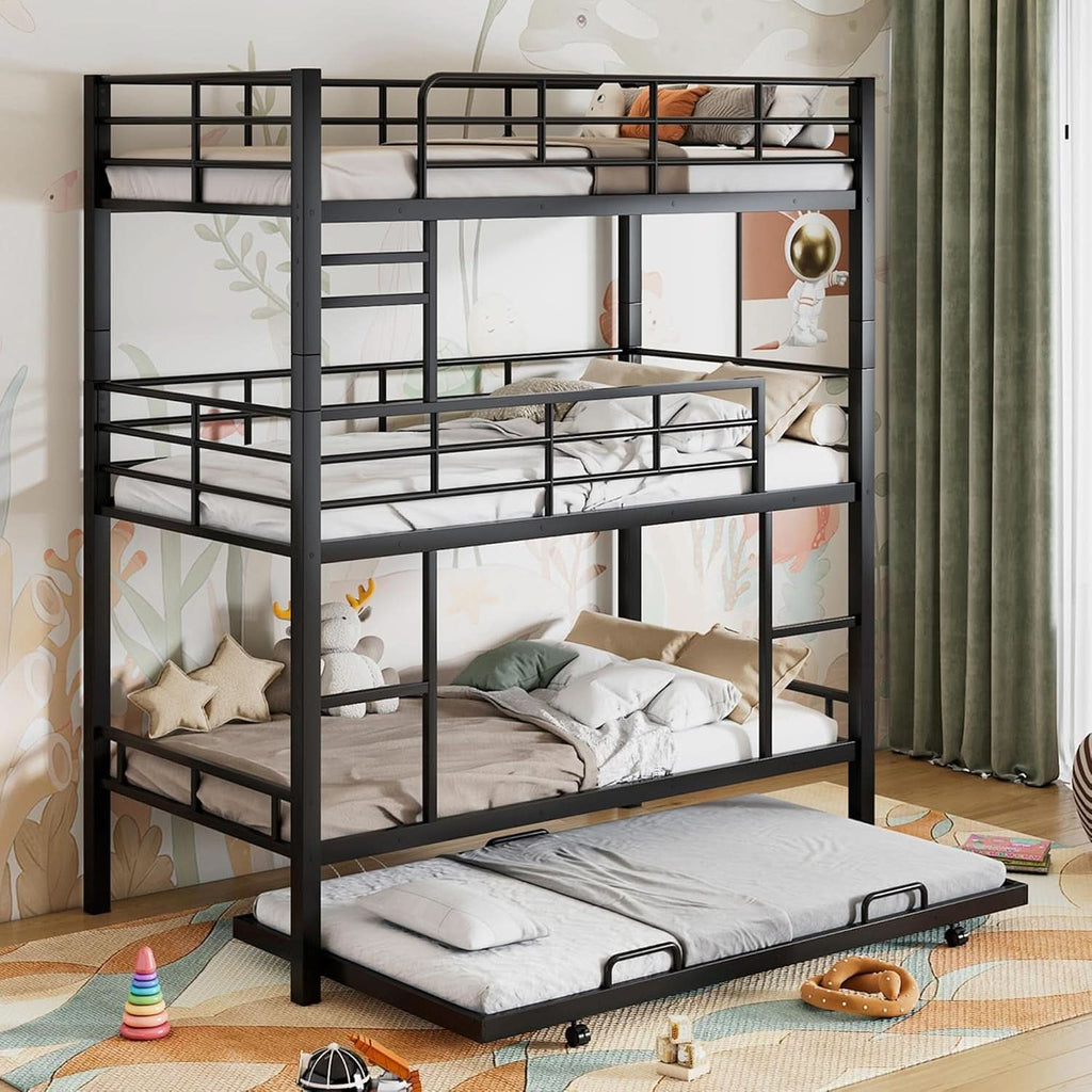 Metal Twin Size Triple Bunk Bed with Trundle, Black for Kids