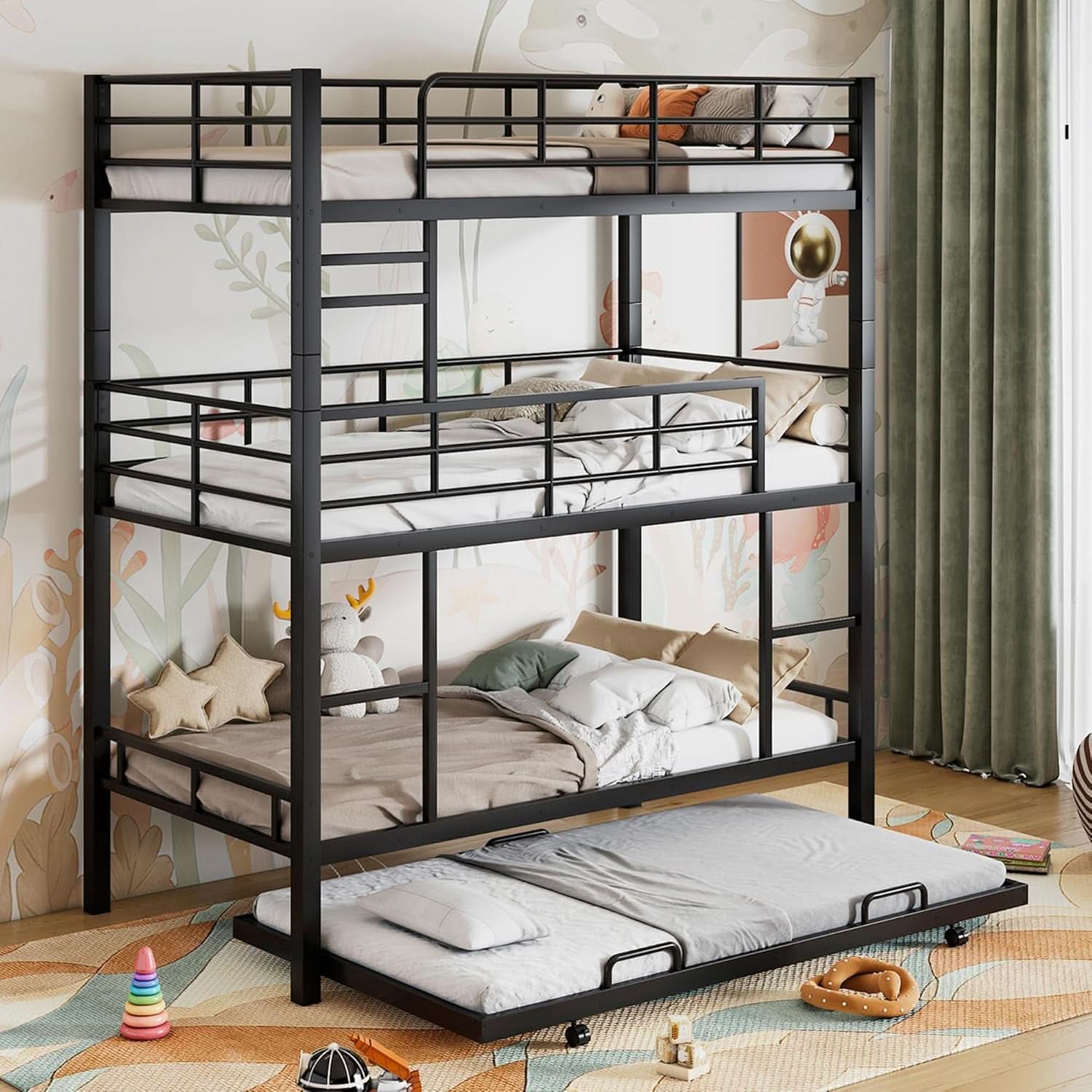 Metal Twin Size Triple Bunk Bed with Trundle, Black for Kids