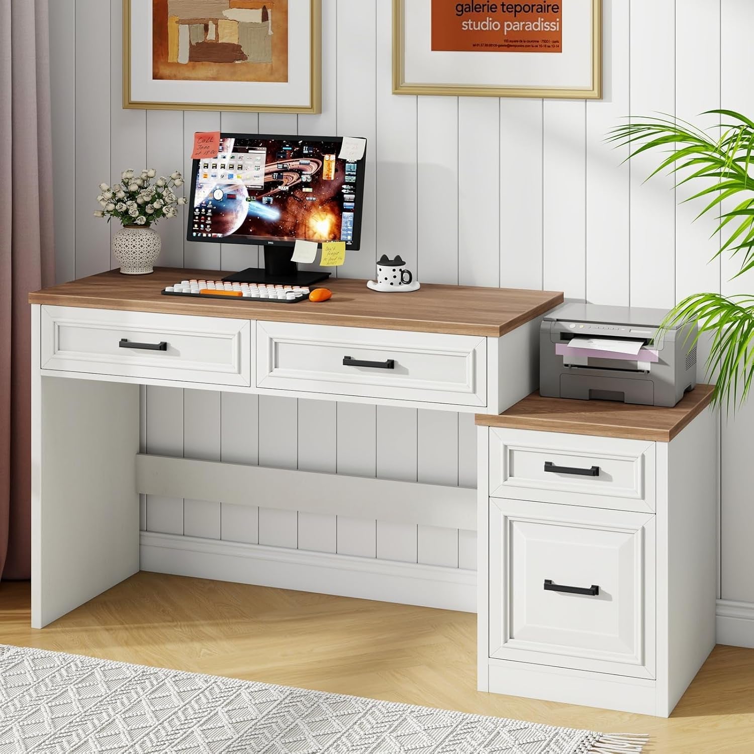 61 Inch Distressed Farmhouse Computer Desk Storage