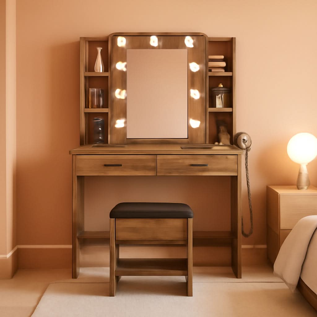 Contemporary Rustic Brown Vanity Desk With Lighting