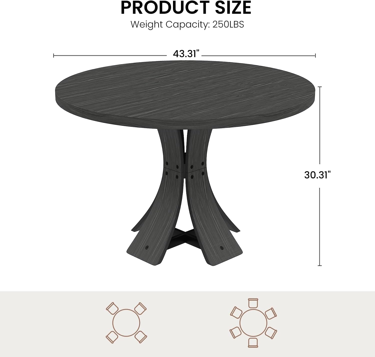 43 Charcoal Circular Dining Table Hardwood Farmhouse
