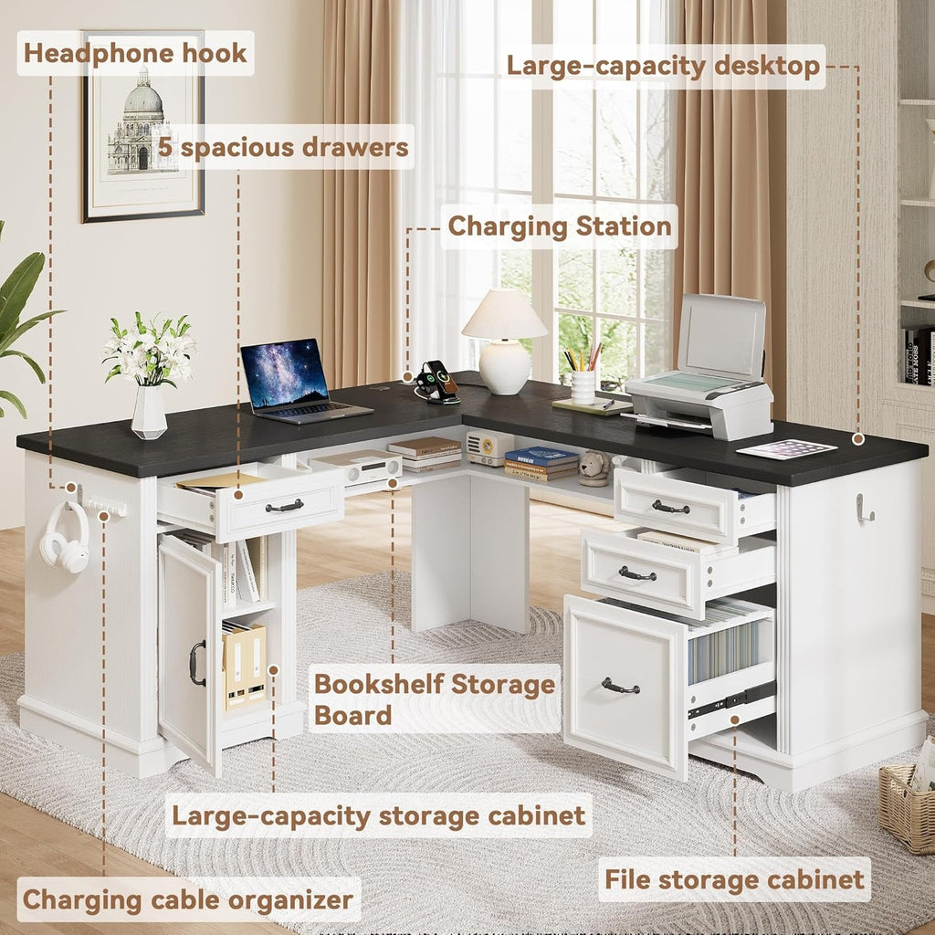 Bead board Two Tone White Black L Shaped Desk 59 Inch Wide