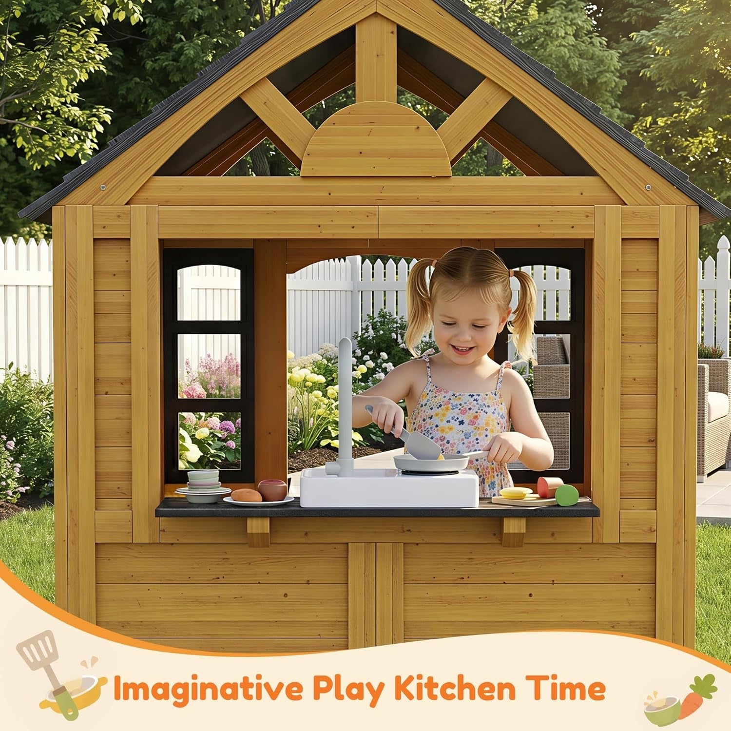 Kids Outdoor Wooden Playhouse With Kitchen Playground