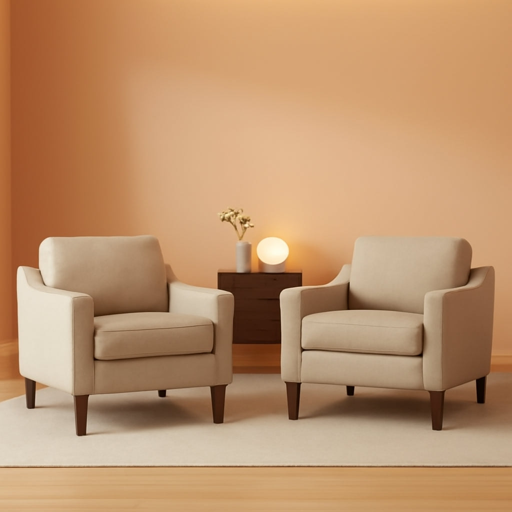 Brown Upholstered Armchairs With Polished Wooden Legs