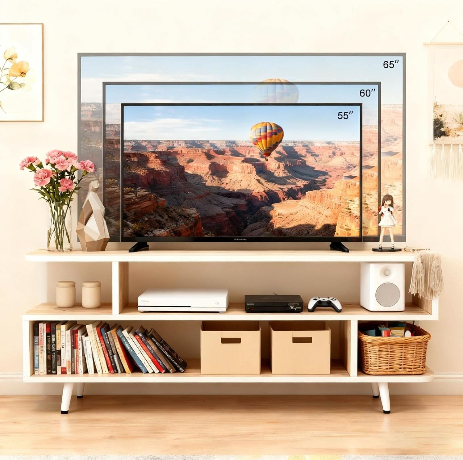Walnut Finish 65 Inch TV Stand With Storage Cabinet Solutions