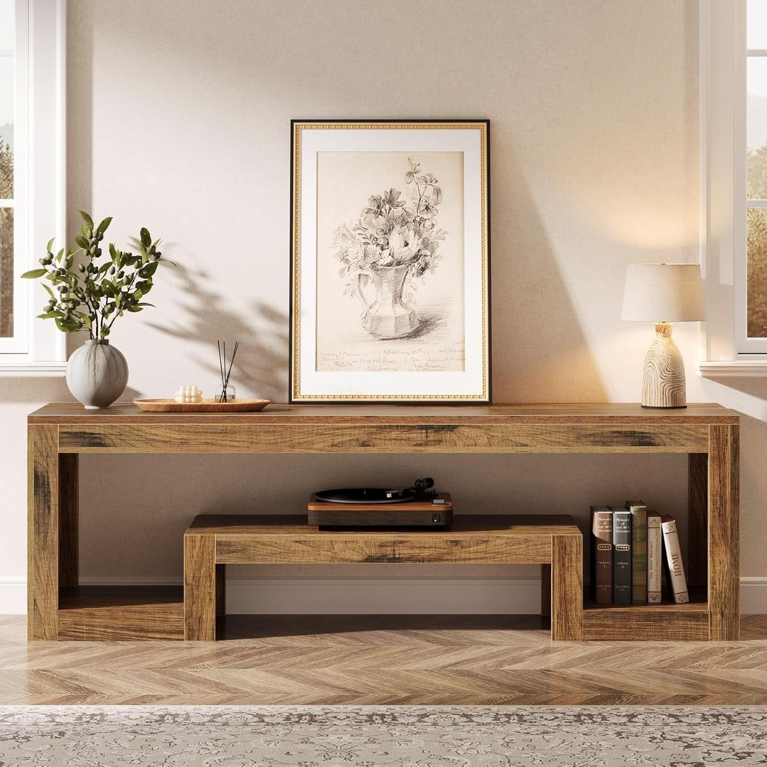 63 Inch Farmhouse Rustic Walnut TV Entertainment Unit