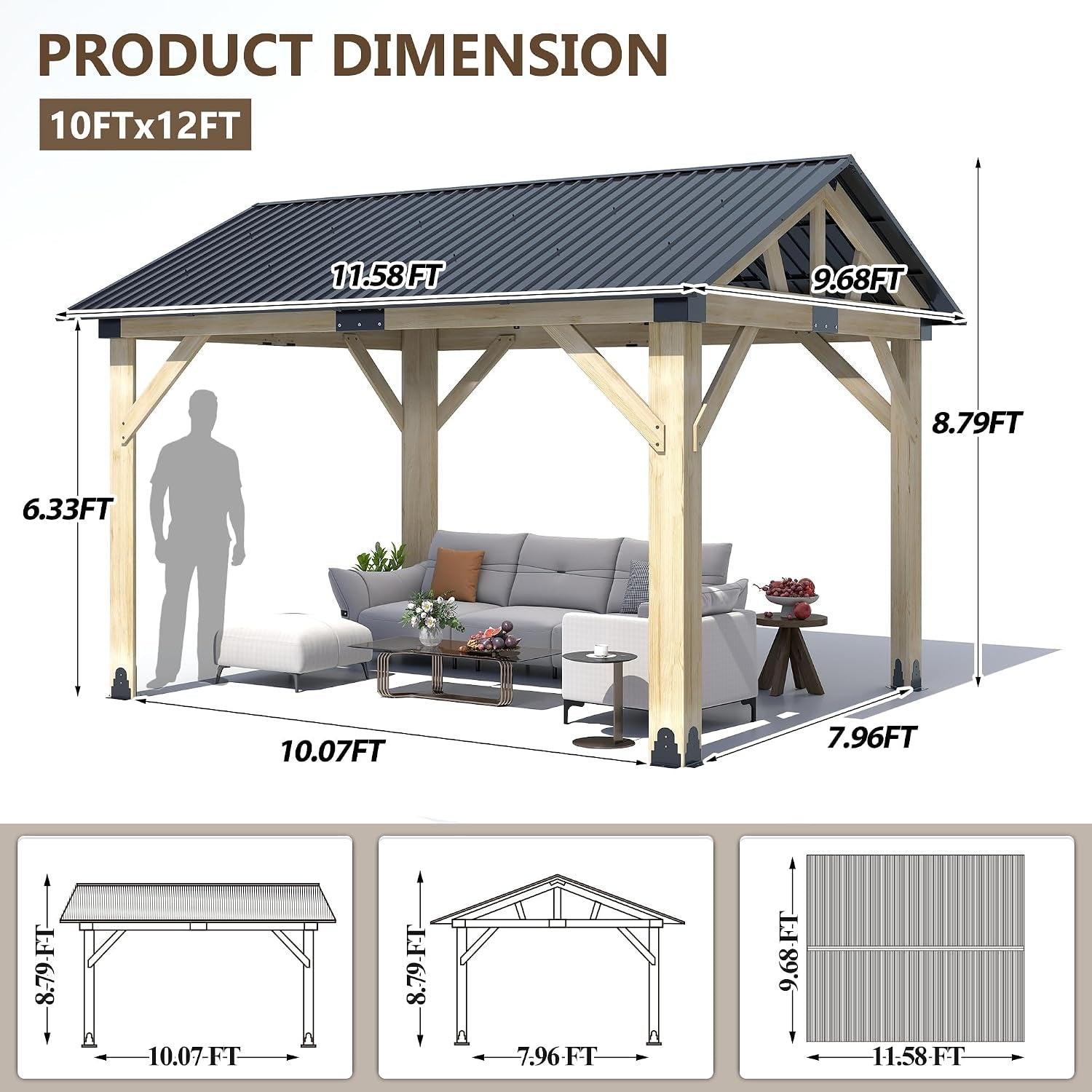 Premium Weatherproof Cedar Wood Gazebo 10x12 Hardtop