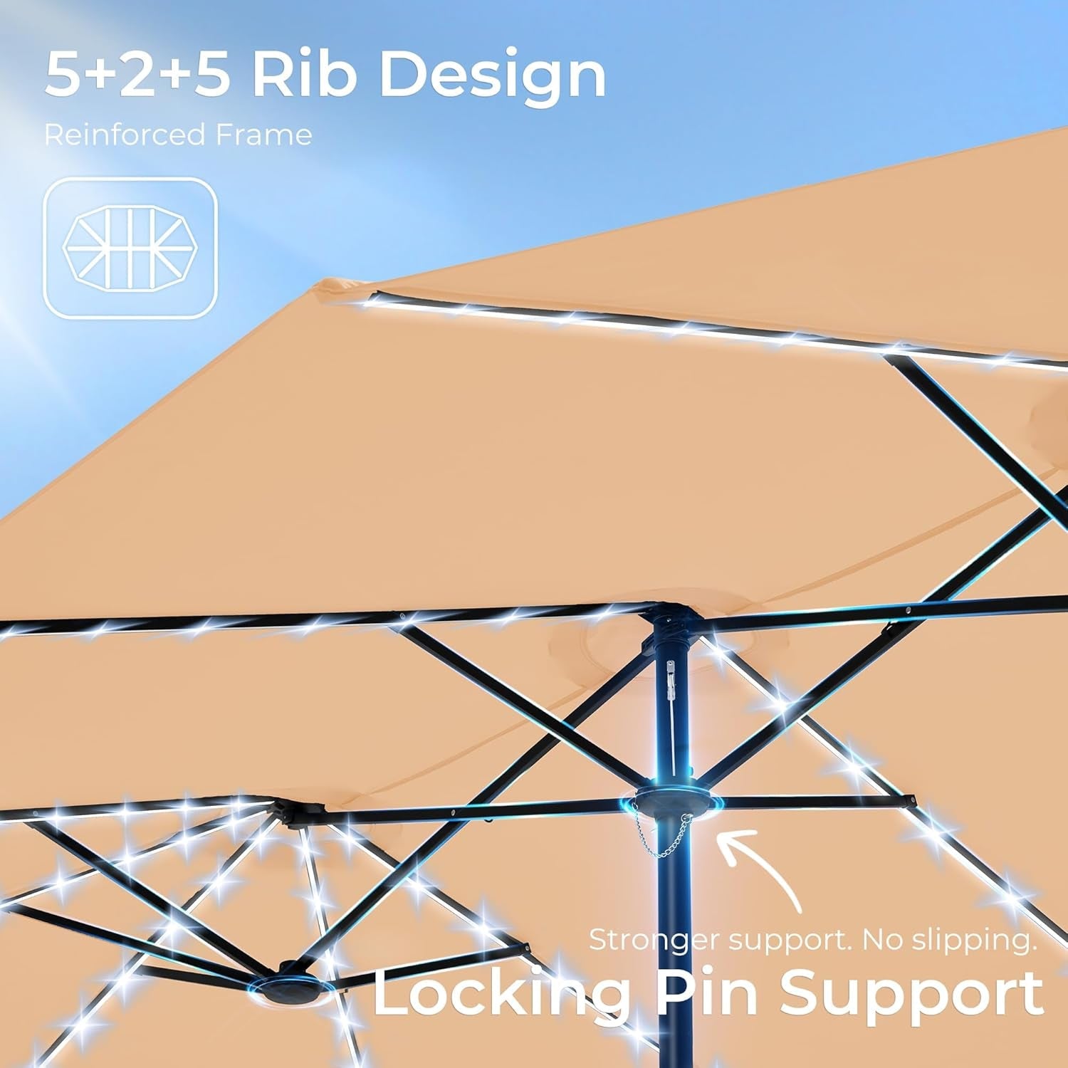 Beige 15Ft Patio Umbrella With Integrated LED Lights