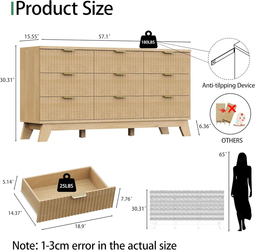 Natural Oak Fluted Textured Dresser With Nine Drawers