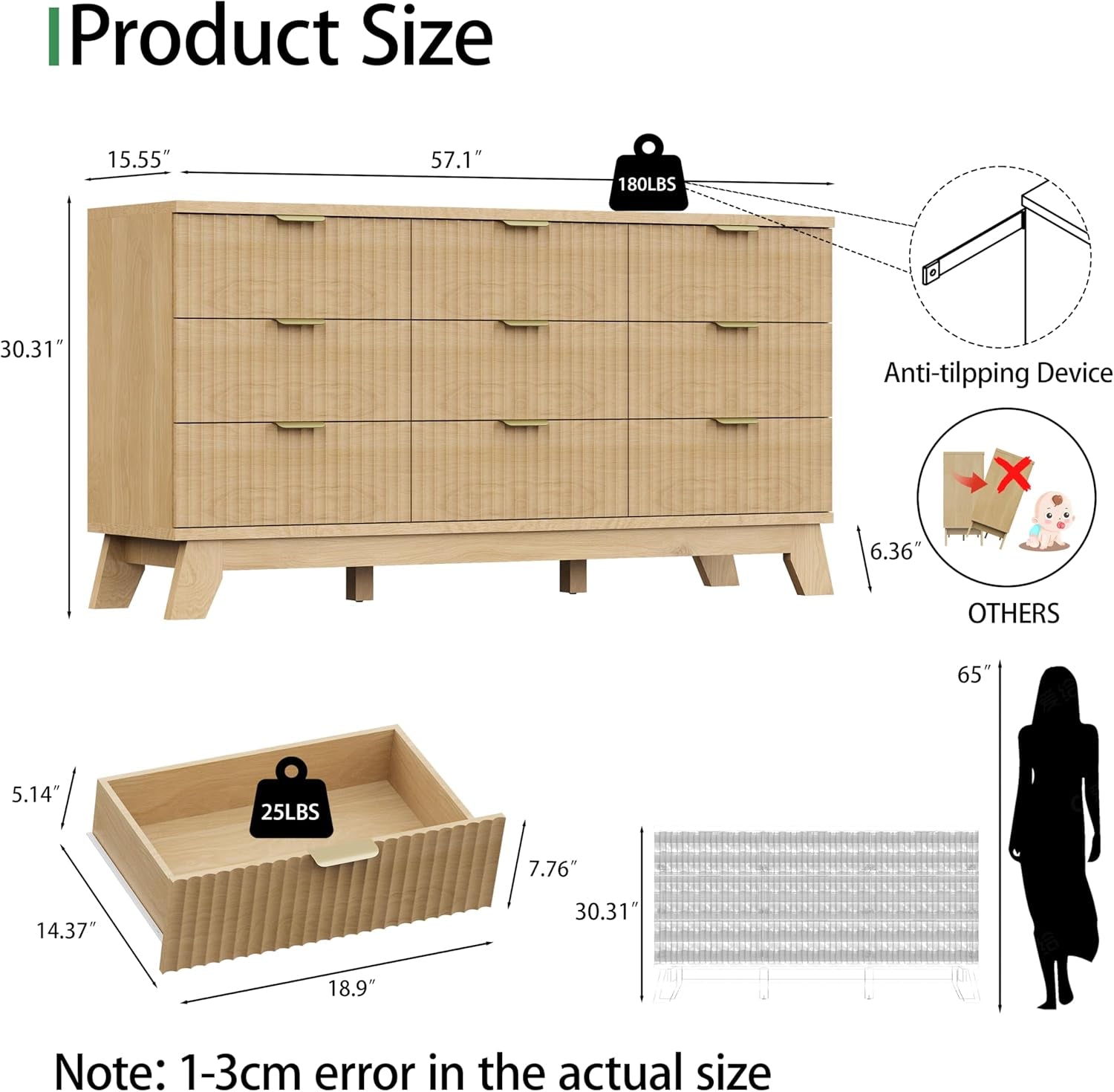 Natural Oak Fluted Textured Dresser With Nine Drawers