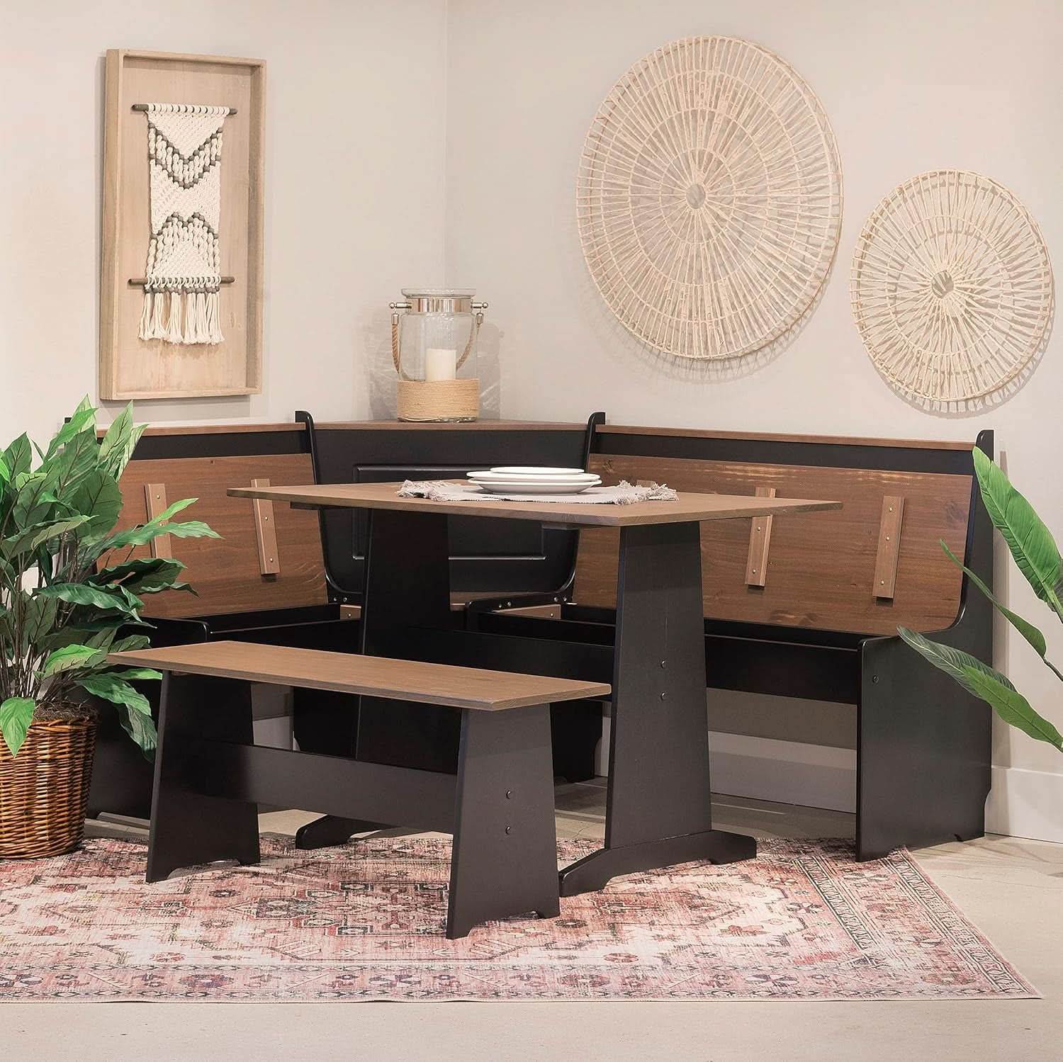 Black Pecan Five Seat Dining Set With Storage Benches