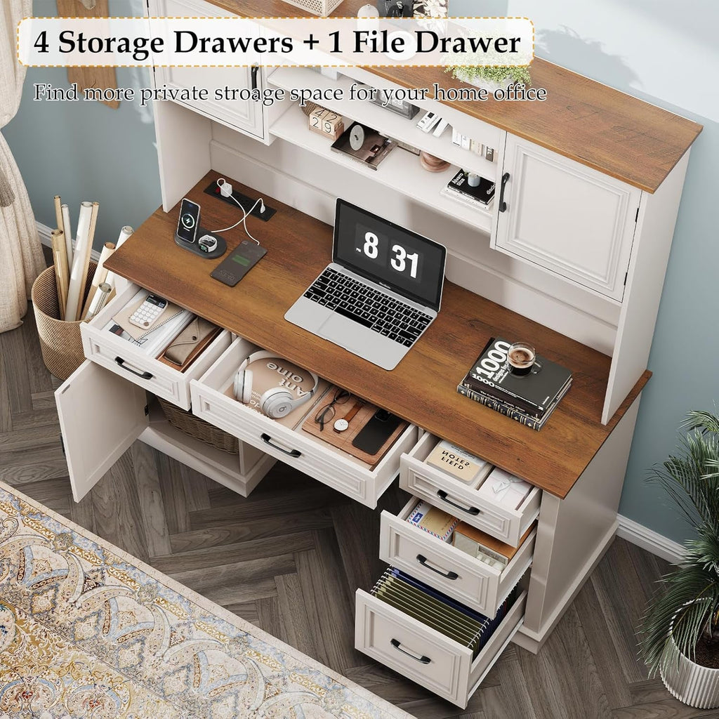 White 67Inch Rustic Farmhouse Executive Desk Hutch