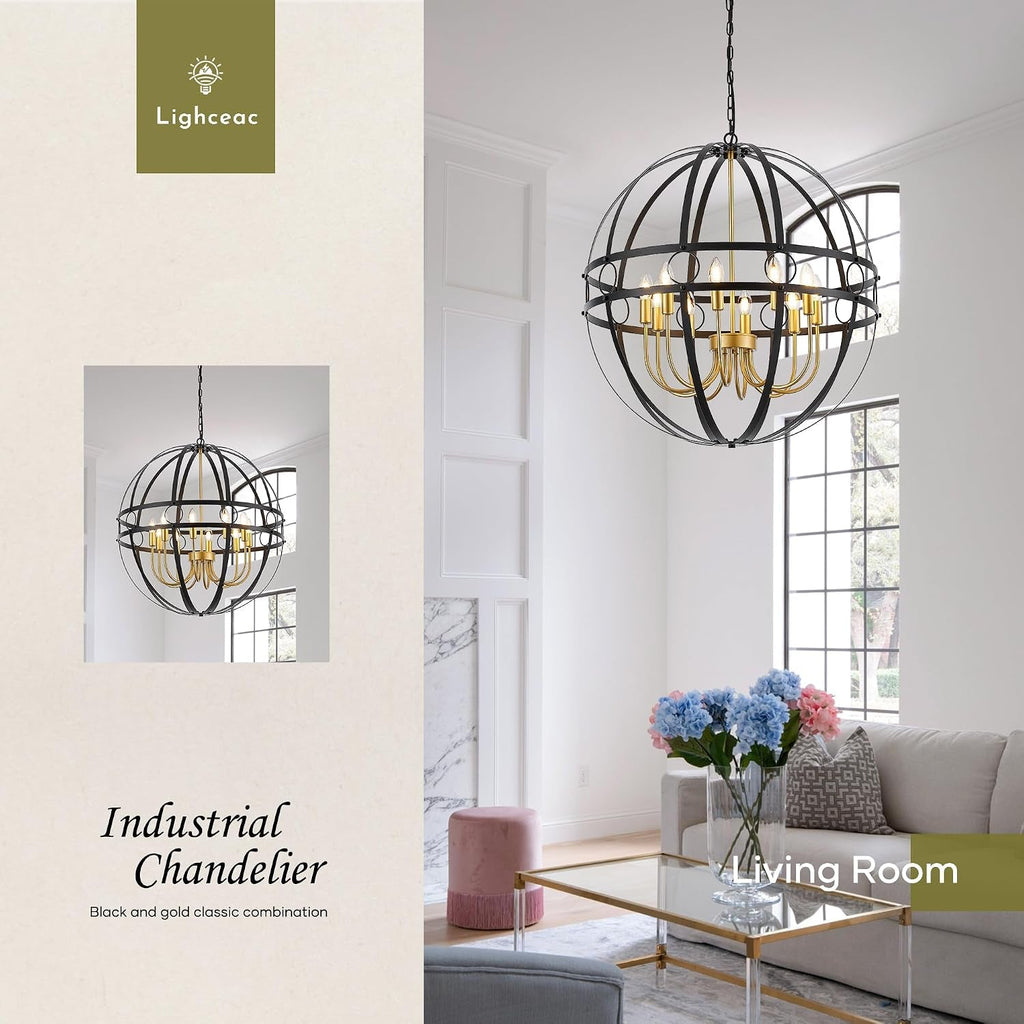 Industrial Black Gold Chandelier Ten Light Pendant