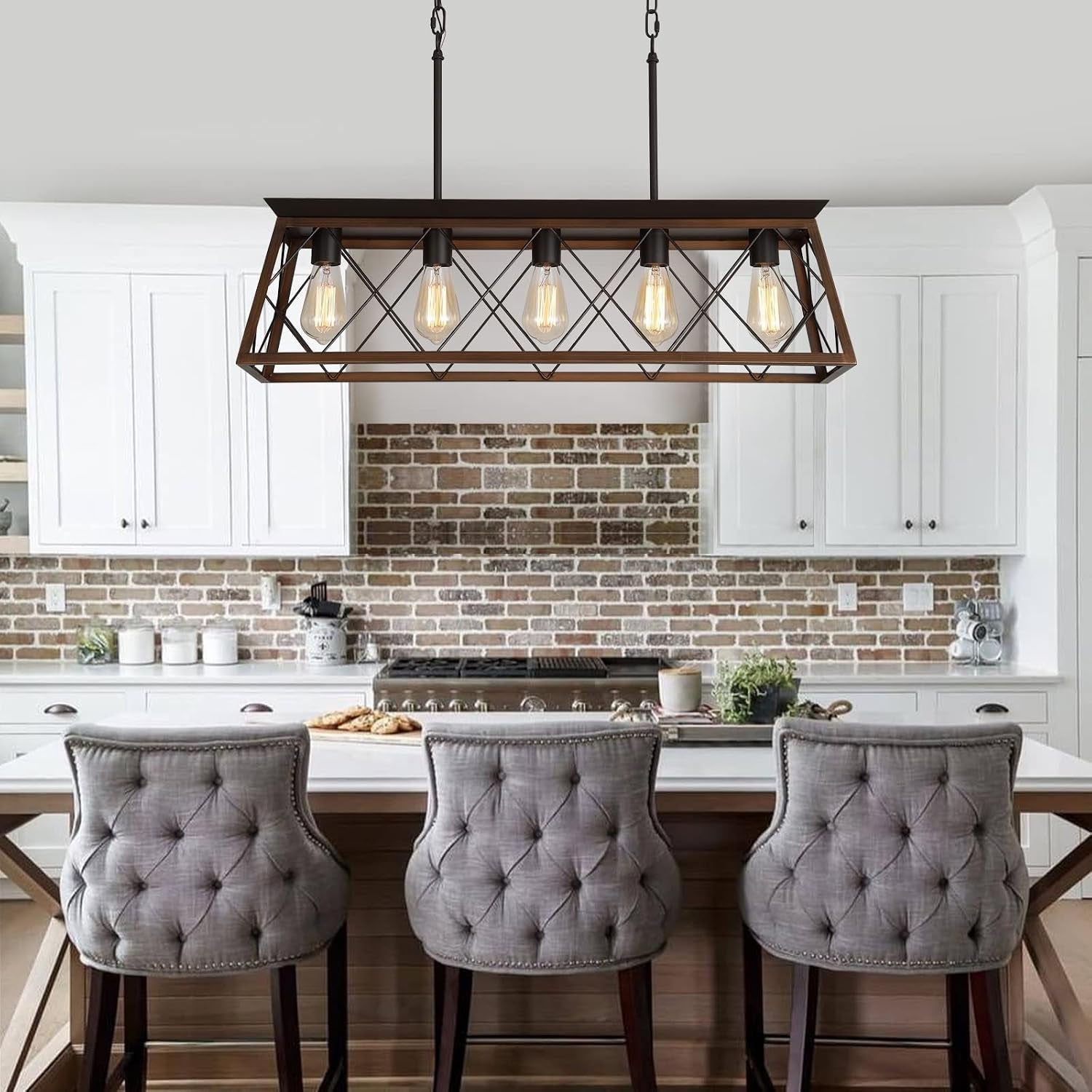 Farmhouse Bronze 5 Light Rectangular Dining Chandelier