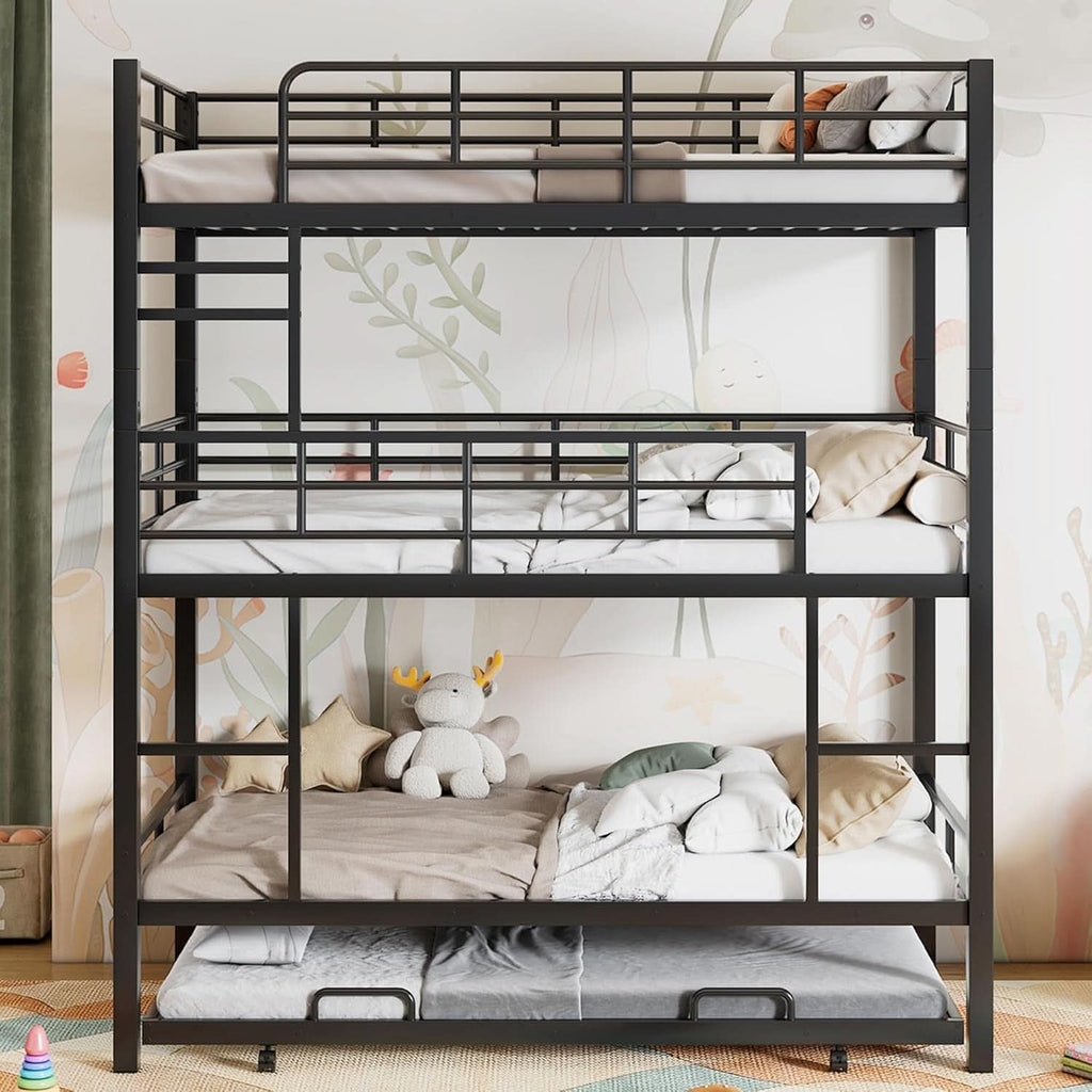 Metal Twin Size Triple Bunk Bed with Trundle, Black for Kids