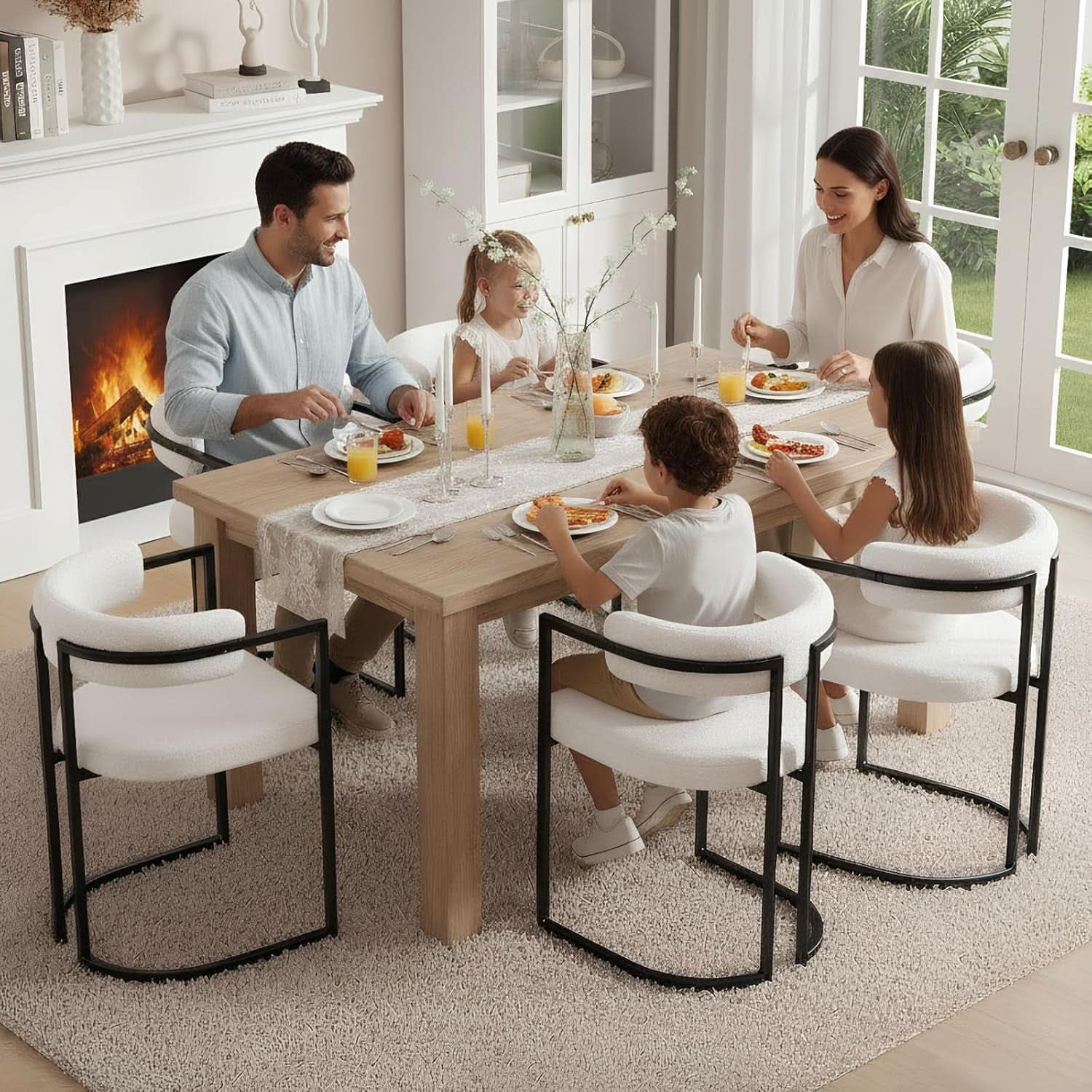 White Sherpa Upholstered Barrel Dining Chairs Pair