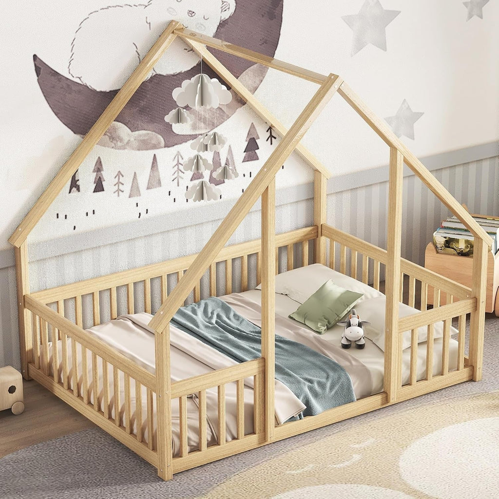 Full Size House-Shaped Natural Wooden Kids Floor Bed