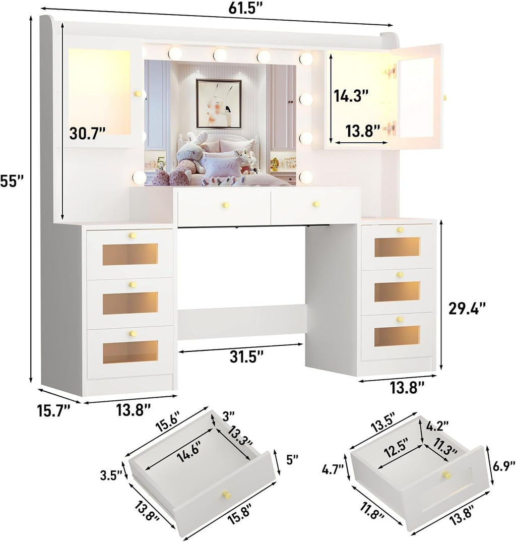62Inch Makeup Vanity Desk With Mirror RGBLED Lighting