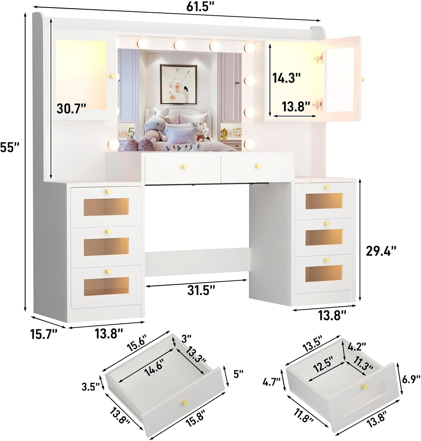 62Inch Makeup Vanity Desk With Mirror RGBLED Lighting