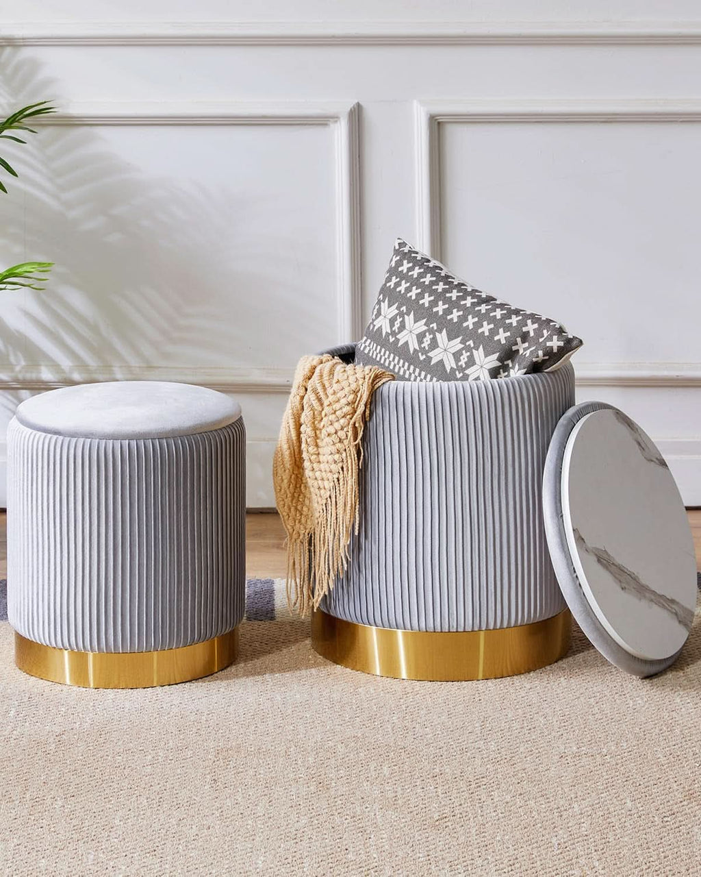 Round Storage Ottoman TwoPack Gray Velvet Upholstered