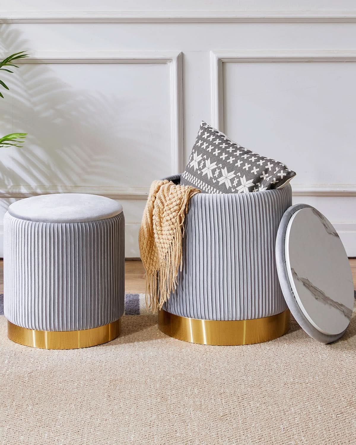 Round Storage Ottoman TwoPack Gray Velvet Upholstered