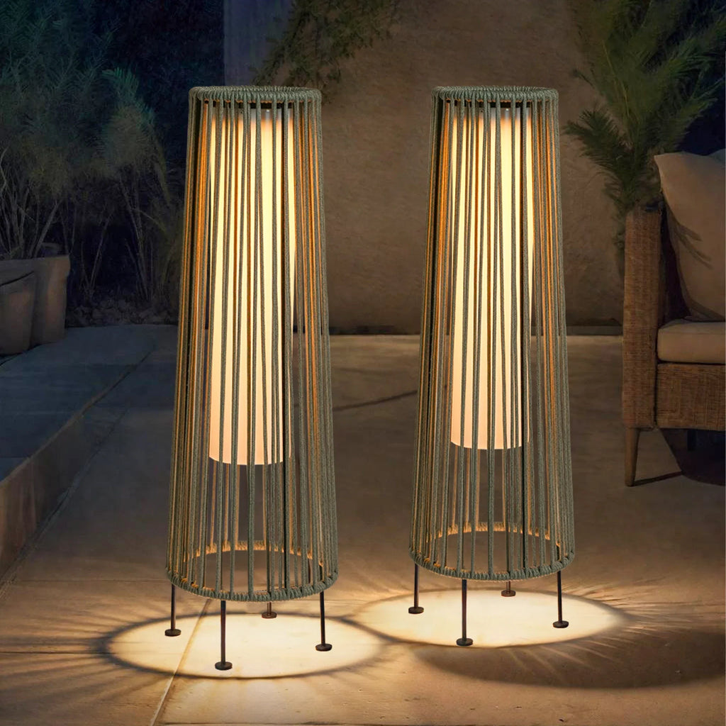 2 Piece Solar Powered Lantern Wicker Solar Patio Lamp Grey