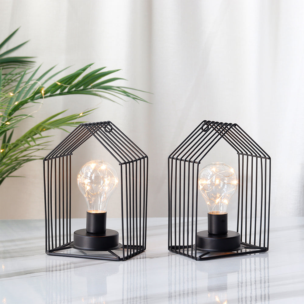 Set of 2 7''H Vintage Cage Hanging Cordless Lamps with 6-Hours Timer (Black)